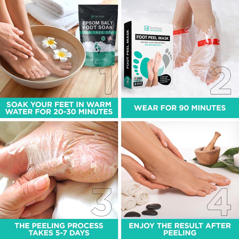 Lavinso Foot Peel Mask for Dry Cracked Feet – 2 Pack Peeling Mask Removes Dead Skin and Calluses - Exfoliating for Soft Baby Feet, Original Scent