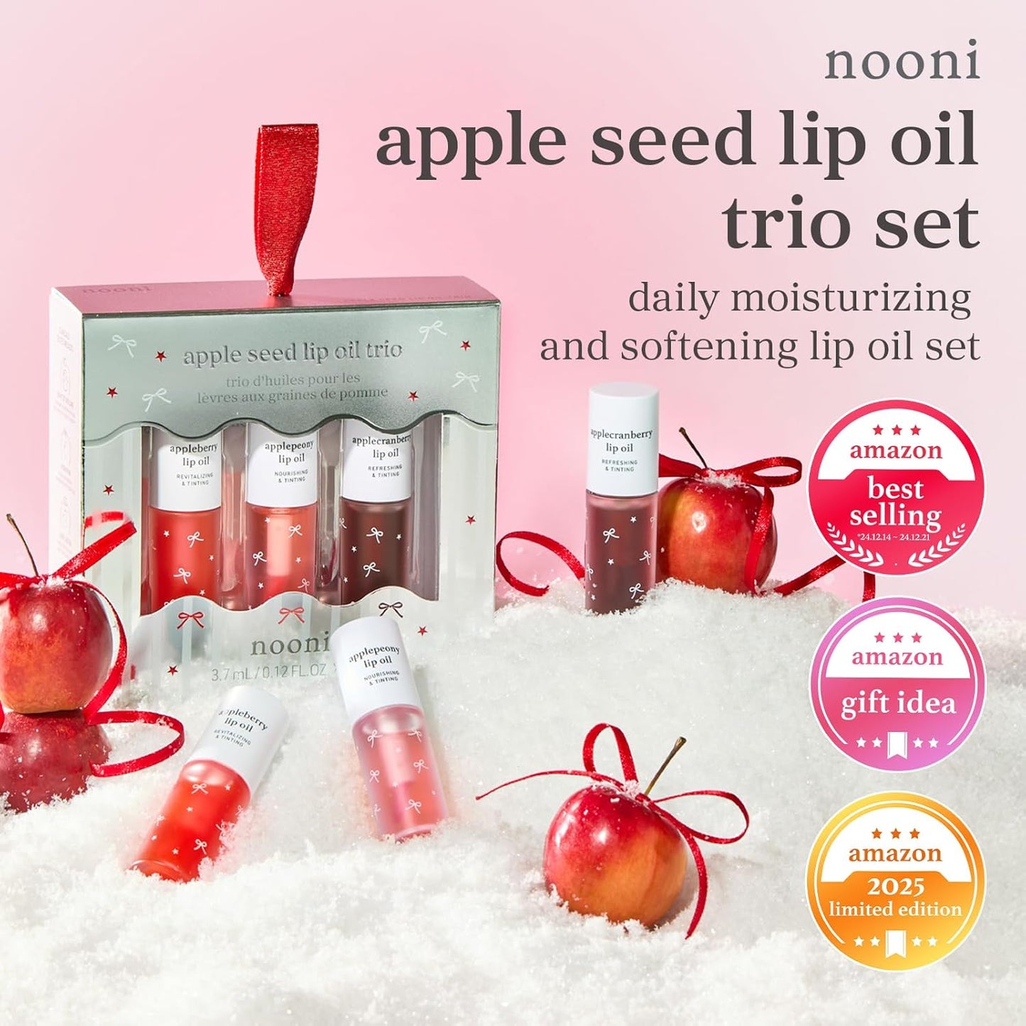 NOONI Korean Lip Oil Gift Set - Apple Seed Lip Oil Trio | Korean Lip Stain Long Lasting Hydration, Moisturizing, Glowing Korean Lip, Plumping, Holiday Christmas Travel Size Mini Set 0.12 Fl. Oz. x 3ea
