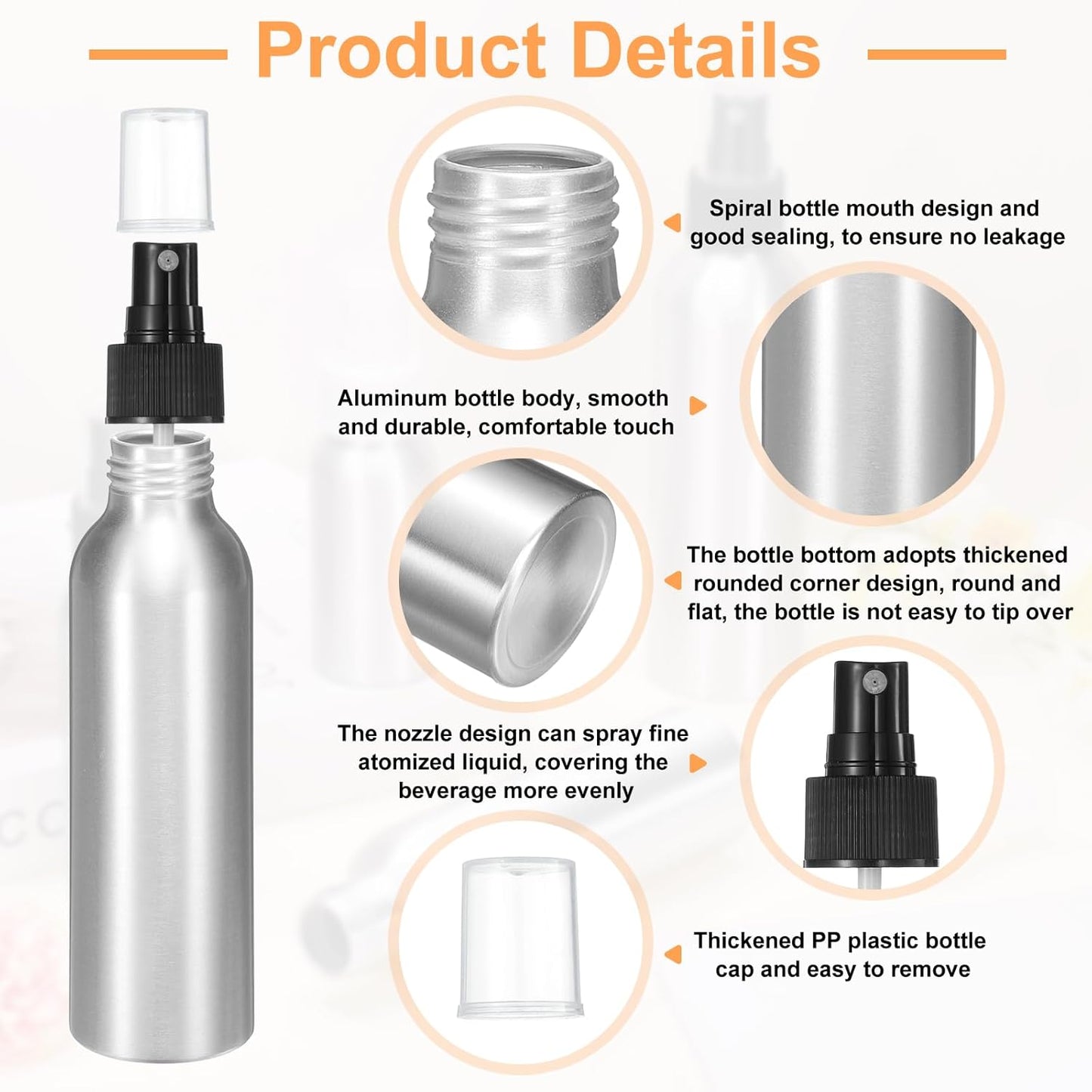 HARFINGTON 5pcs Aluminum Fine Mist Spray Bottles 120ml/4oz Metal Small Liquid Alcohol Refillable Travel Container with Black Plastic Nozzle Cap for Perfume Skincare Cosmetic Storage Bottle