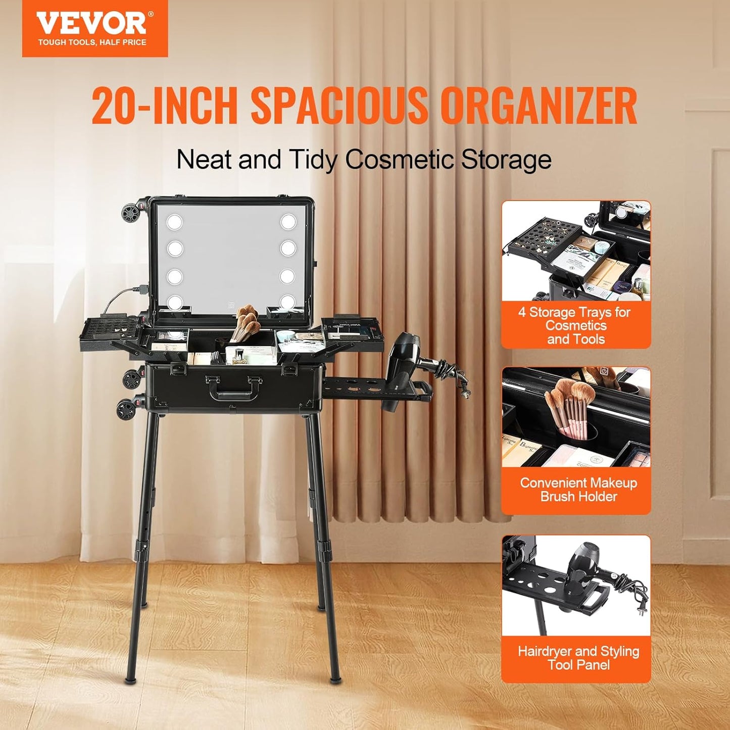 VEVOR Makeup Train Case Professional Makeup Storage Organizer Box Make Up Carrier for Women and Girls