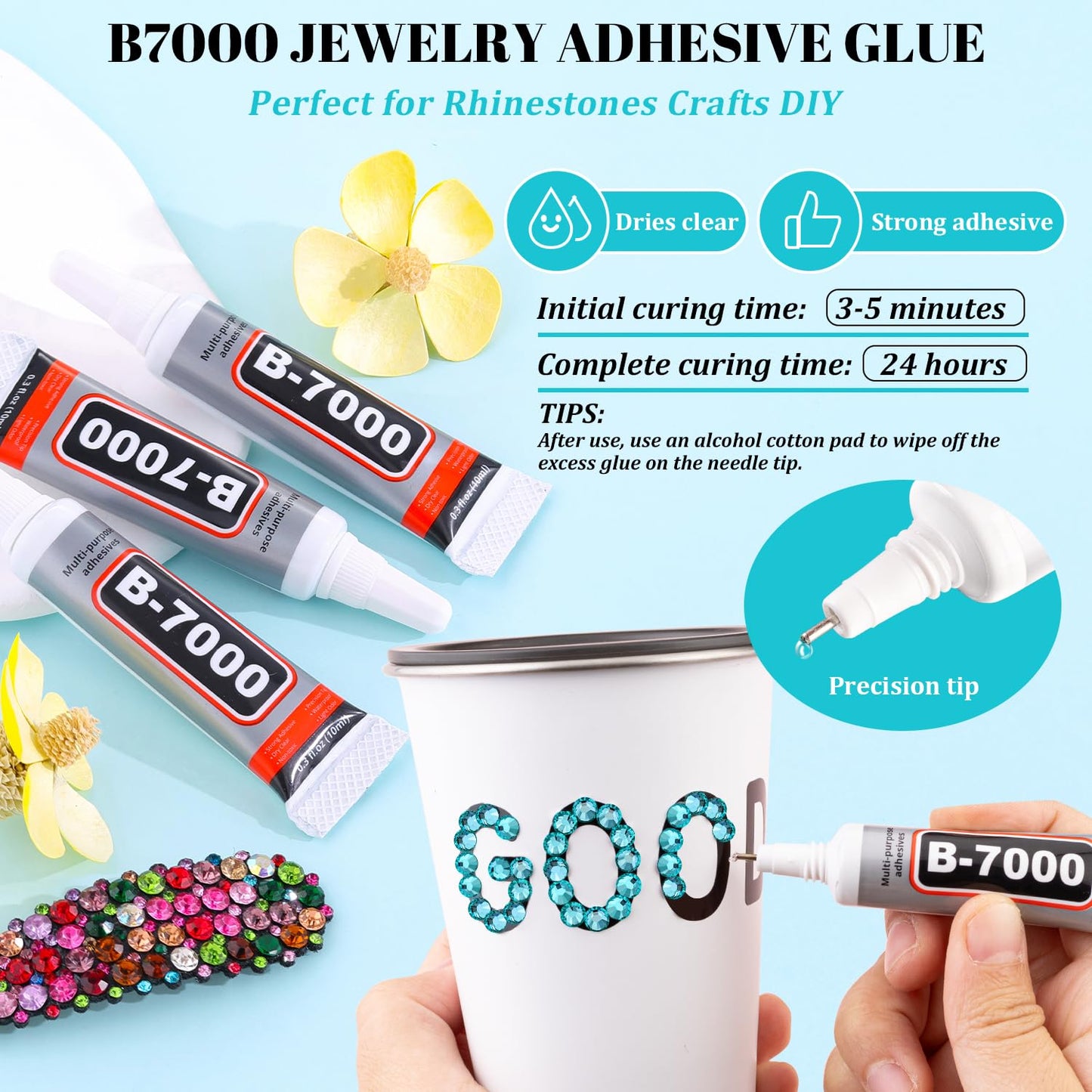 6100Pcs Resin Rhinestones for Crafting with 2Pcs 10ml B7000 Jewelry Glue, 1 Box Flatback Crystals Diamond (Teal Blue) for Bedazzling Crafts DIY Nail Art，Non Hotfix Gems for Clothing Shoes Tumblers