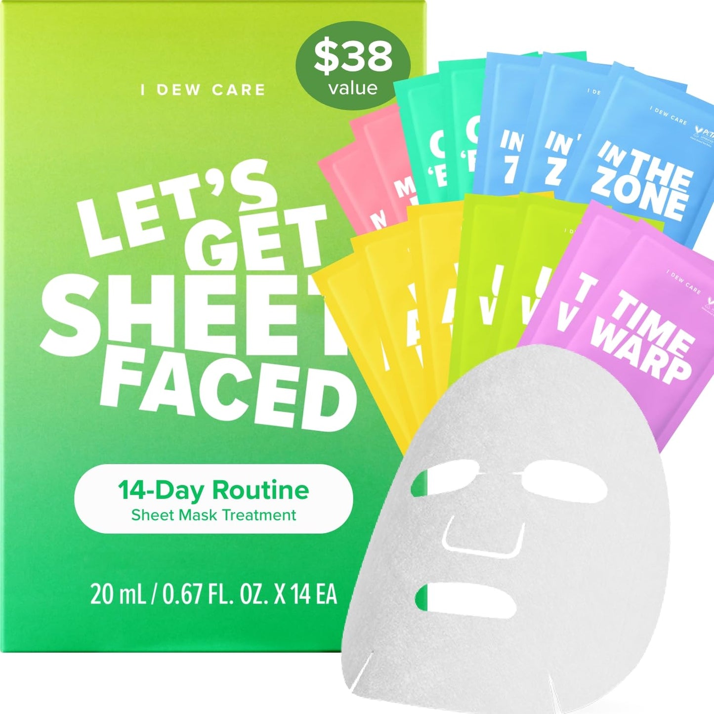 I DEW CARE Glass Skin Facial Sheet Mask Variety Pack - Let's Get Sheet Faced | 14 Days Facial Masks Set, Moisturizing Face Masks Skincare, Korean Face Mask, Hydrating Collagen Face Mask, 14 Count