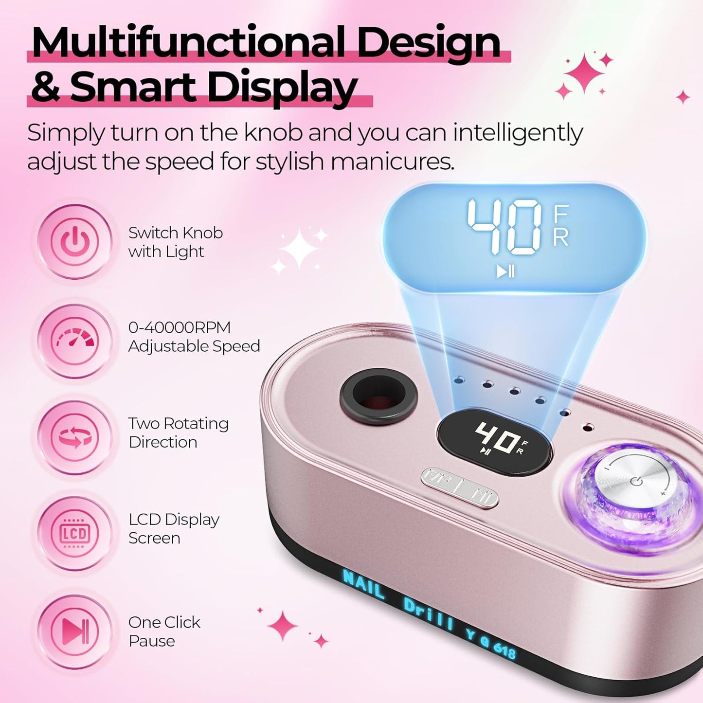 Electric Nail Drill Professional: 40000RPM Electric Nail File Kit E File Nail Drill Machine with LCD Display for Acrylic Gel Nail, Manicure Pedicure Polishing Nail Grinder for Salon Home Use