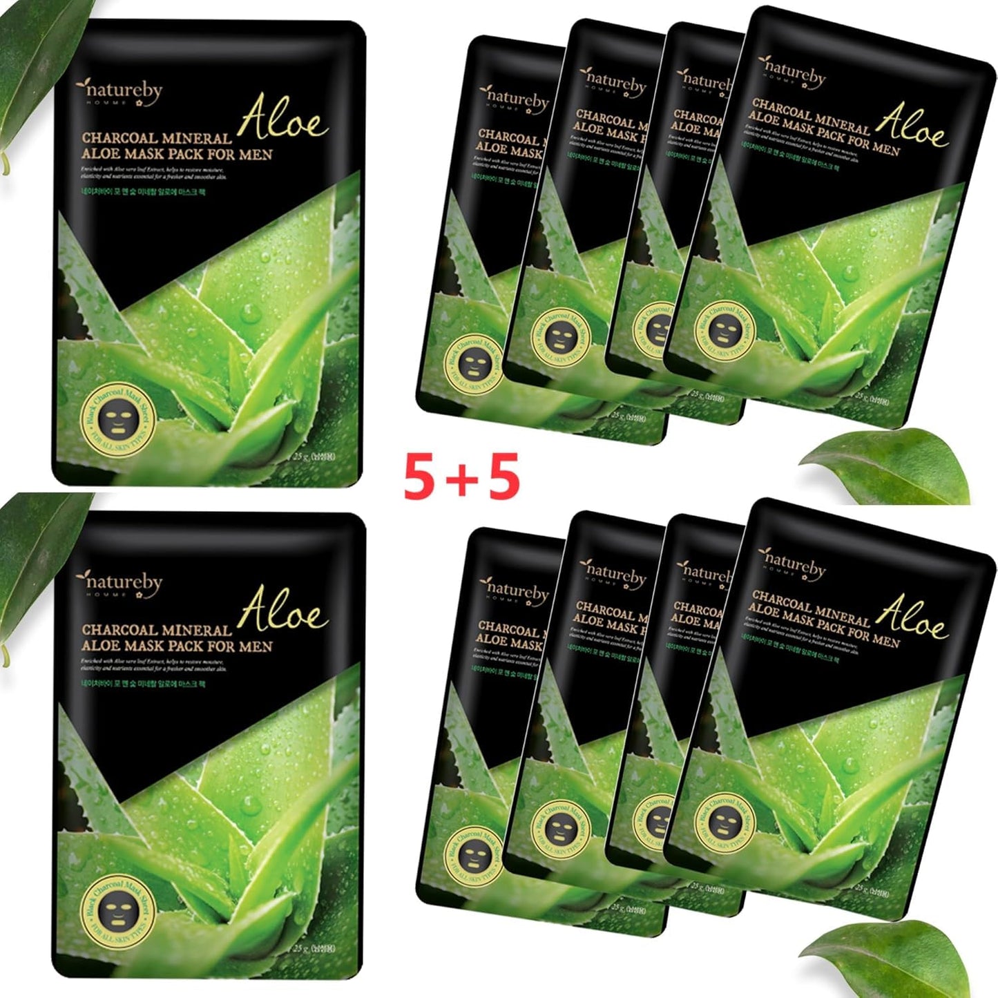 Charcoal Mineral Mask Pack for Men, Korean Skincare Face Wrinkle Treatmen Mask Sheets, Men's Skin Care Sets, Travel Essentials & Gift Sets for Men (Aloe Soothing, Pack of 10pcs)