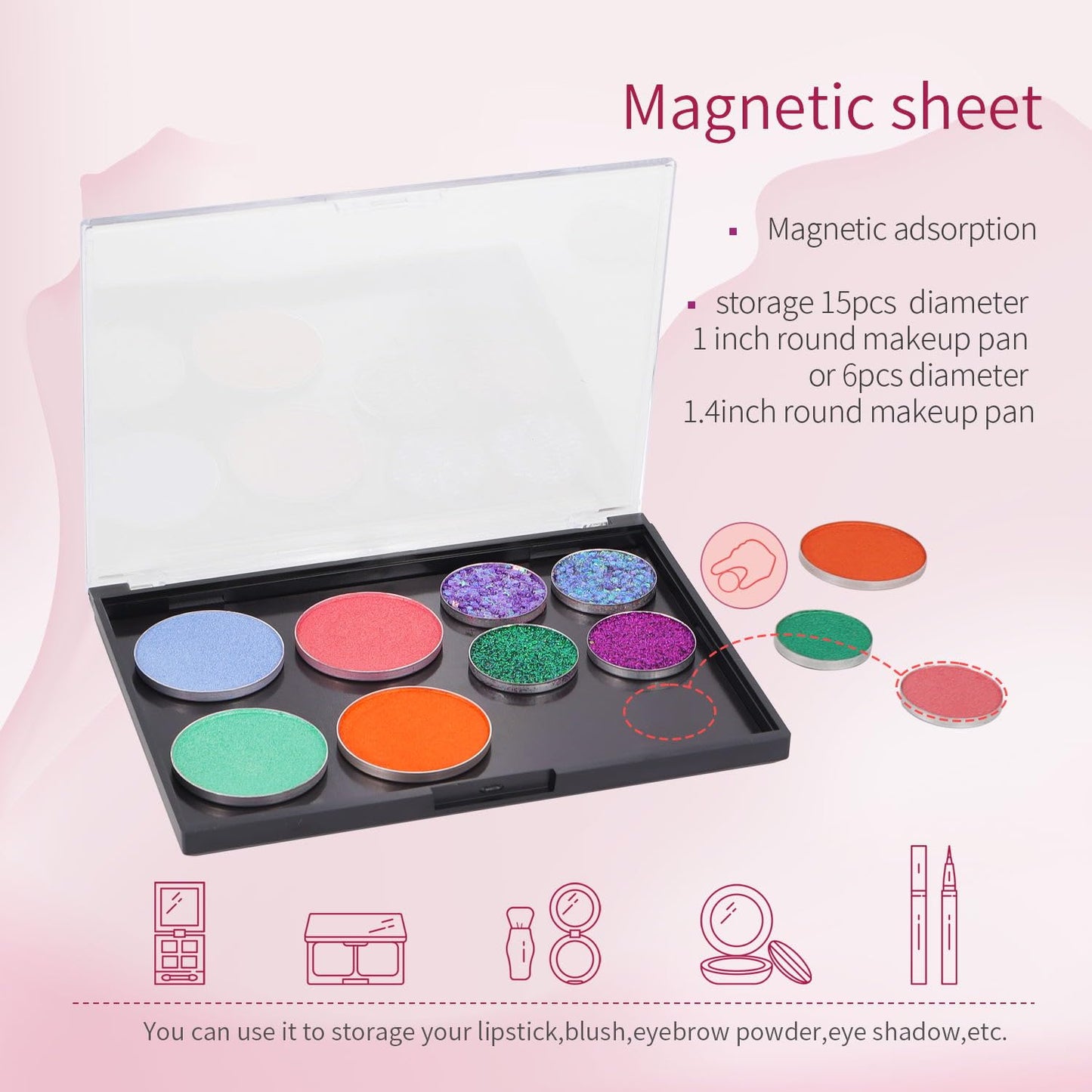 Magnetic Makeup Palette with Clear Top, Empty Eyeshadow Pan Dispensing Storage Box with 40Pcs Adhesive Metal Stickers for DIY Cosmetics Lipstick Blush Powder(Medium Palette - 5.7"x4.3")