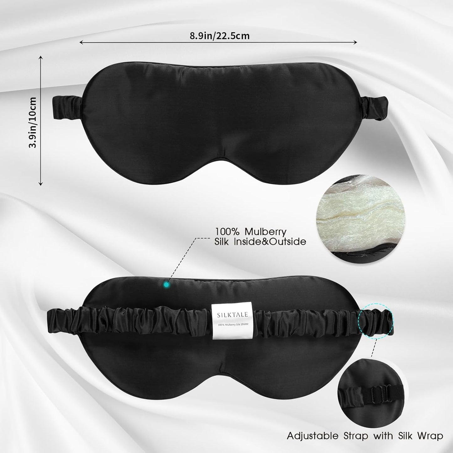 100% Mulberry Silk Eye Mask for Sleeping with Silk Wrapped Adjustable Strap,Black