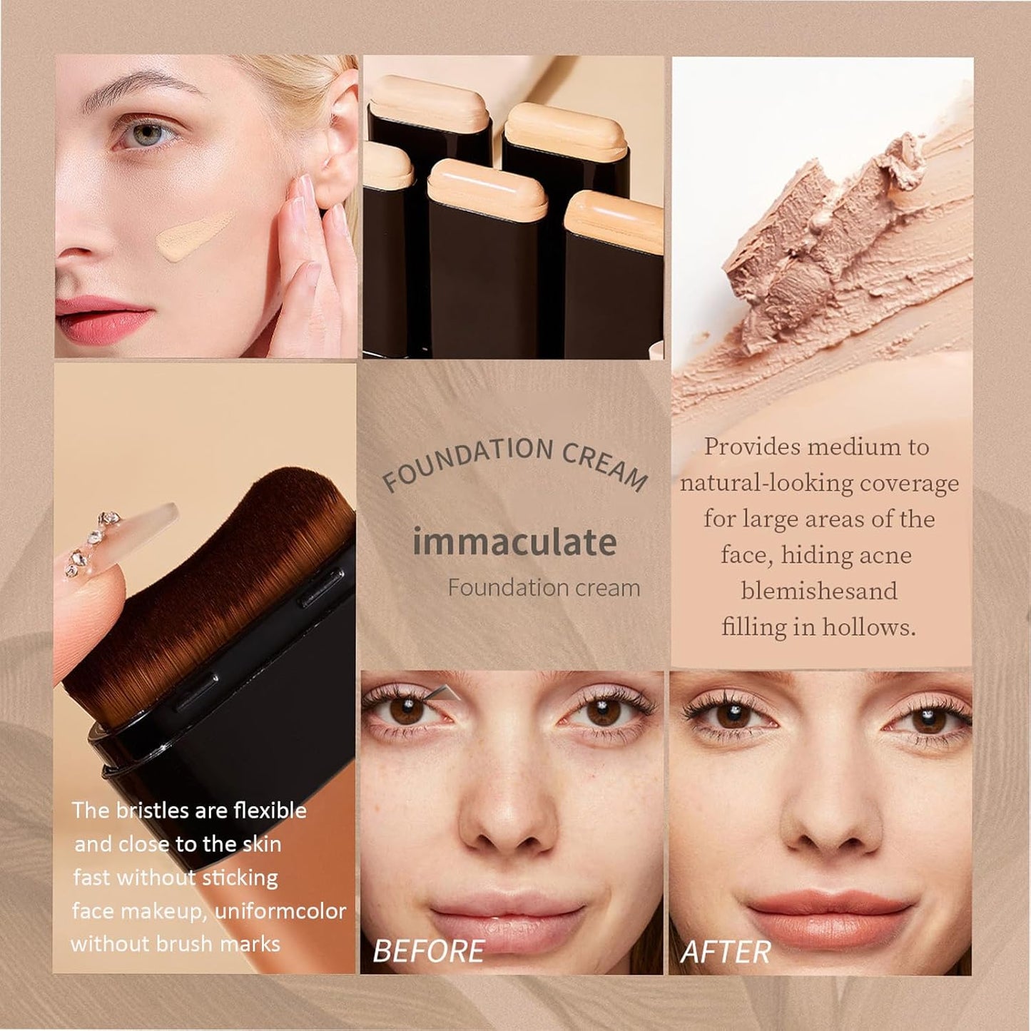 Face Foundation Concealer Stick,2-in-1 Long-wear Lightweight Contour Brighten Stick Blemish with Brush, Waterproof, Hydrating Full Coverage Dark Circles & Blemishes(03#Pink Velvet)