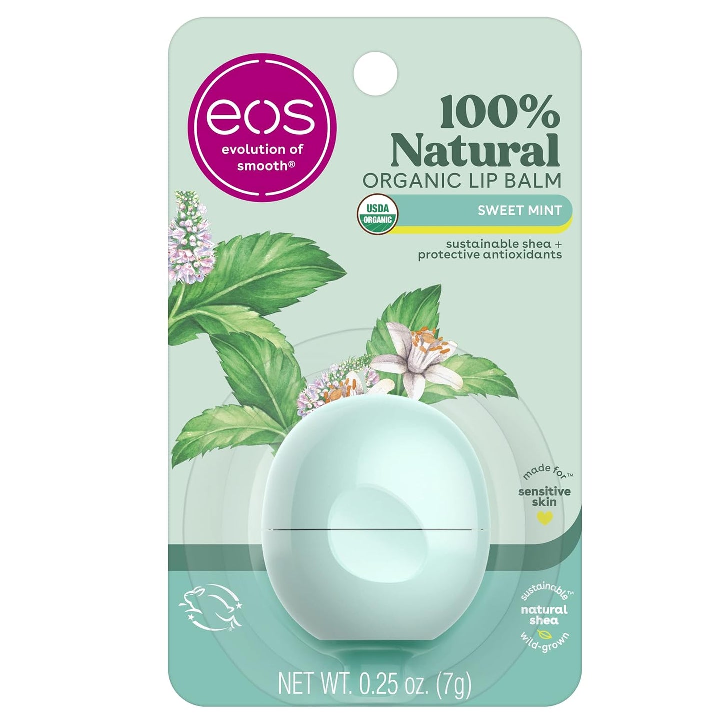 eos 100% Natural & Organic Lip Balm - Sweet Mint, All-Day Moisture, Dermatologist Recommended for Sensitive Skin Care, Lip Care Products, 0.25 oz