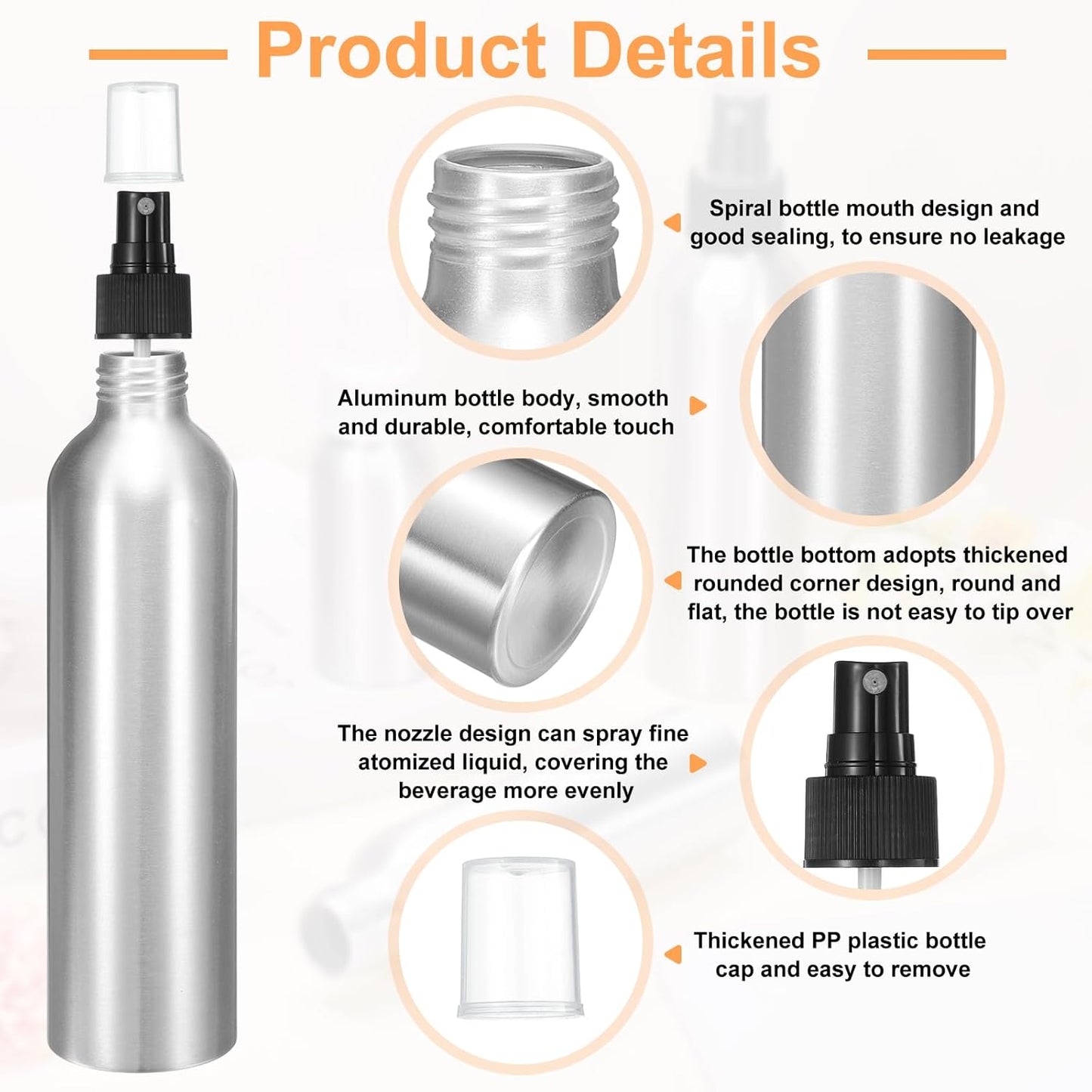 HARFINGTON 5pcs Aluminum Fine Mist Spray Bottles 250ml/8.5oz Metal Small Liquid Alcohol Refillable Travel Container with Black Plastic Nozzle Cap for Perfume Skincare Cosmetic Storage Bottle