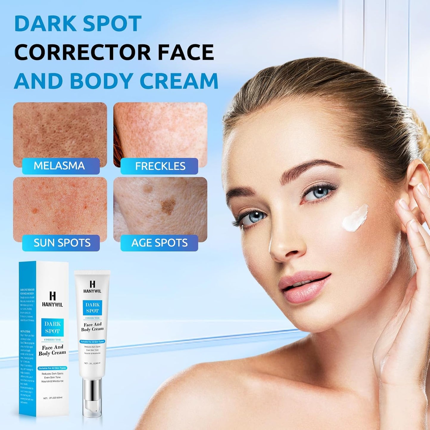 HANYWIL Dark Spot Remover for Face & Body Serum, Dark Spot Corrector Cream for Face & Body, Rapid Fade Treatment for Sun Spots, Age Spots, Melasma, Dermatologist-Tested Skin Tone Evenser(2.0 Fl Oz)
