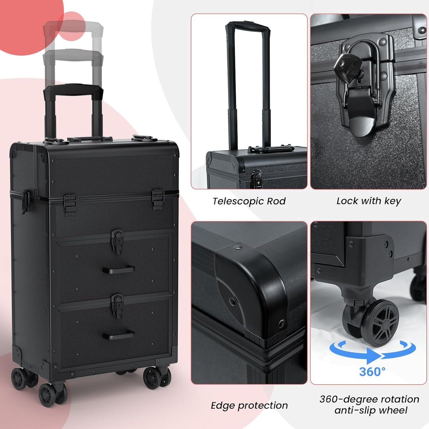 Large Rolling Makeup Train Case, Professional Travel Cosmetology Case on Wheels with Drawers, 3 Tiers Nail Organizers Storage Case for Nail Tech, Tattoo, Hairstylist, Makeup, Extra Large