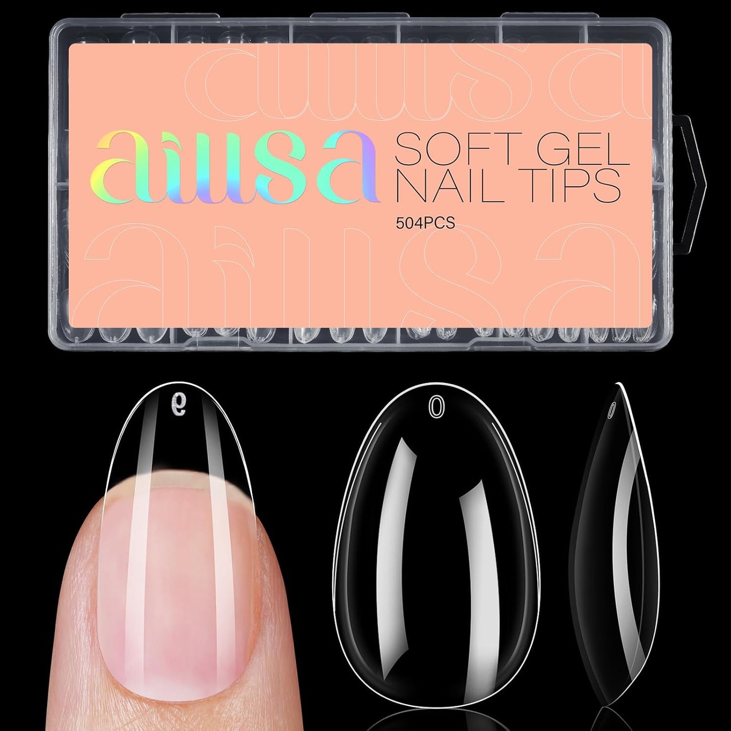 AILLSA Short Almond Nails 504PCS Clear Gel Nails Tips Press on False Soft Nails Tip Full Cover Fake Gelly Nails Tips for Nail Extension DIY Home Salon Gift, 10 Sizes Preshaped Nail Tips