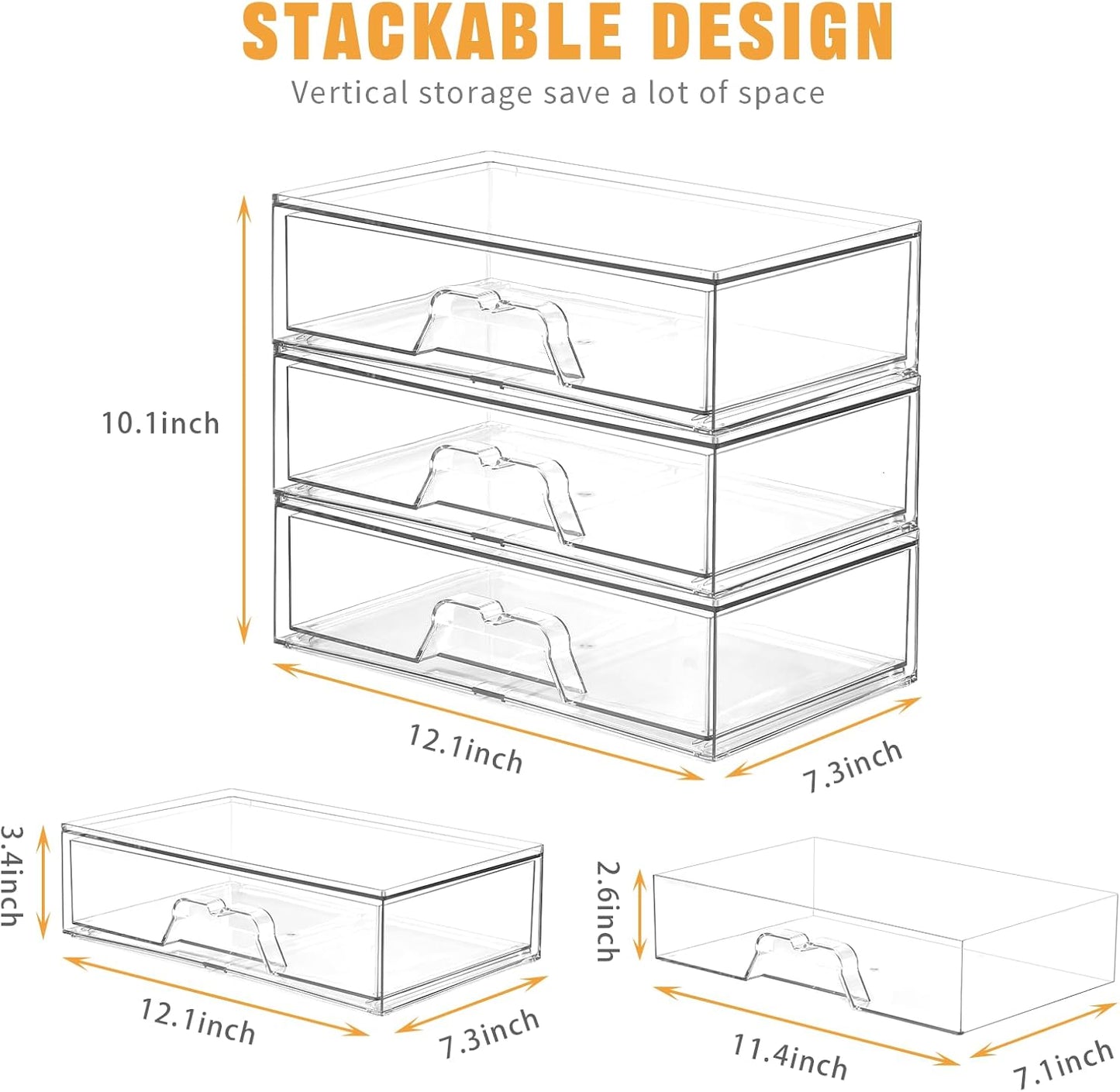 5 Pack Makeup Organizer Stackable, 12.1''L Bathroom Organizer and Storage Acrylic Undersink Drawer Organizer, Cosmetics and Beauty Supplies,Clear Plastic Storage Bins for Vanity,Pantry,Cabinet,Kitchen