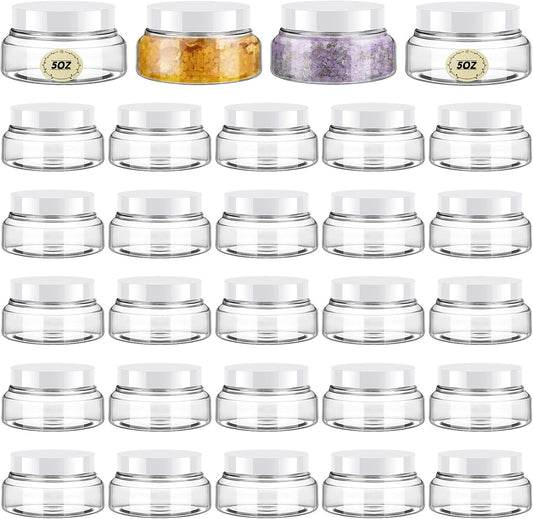 Tessco 24 Pack Plastic Jars with Lids Labels Empty Clear Plastic Jars Round Refillable Cosmetic Containers Body Butter Containers Bulk Sugar Scrub Bottle for Make Up(5 oz,White)
