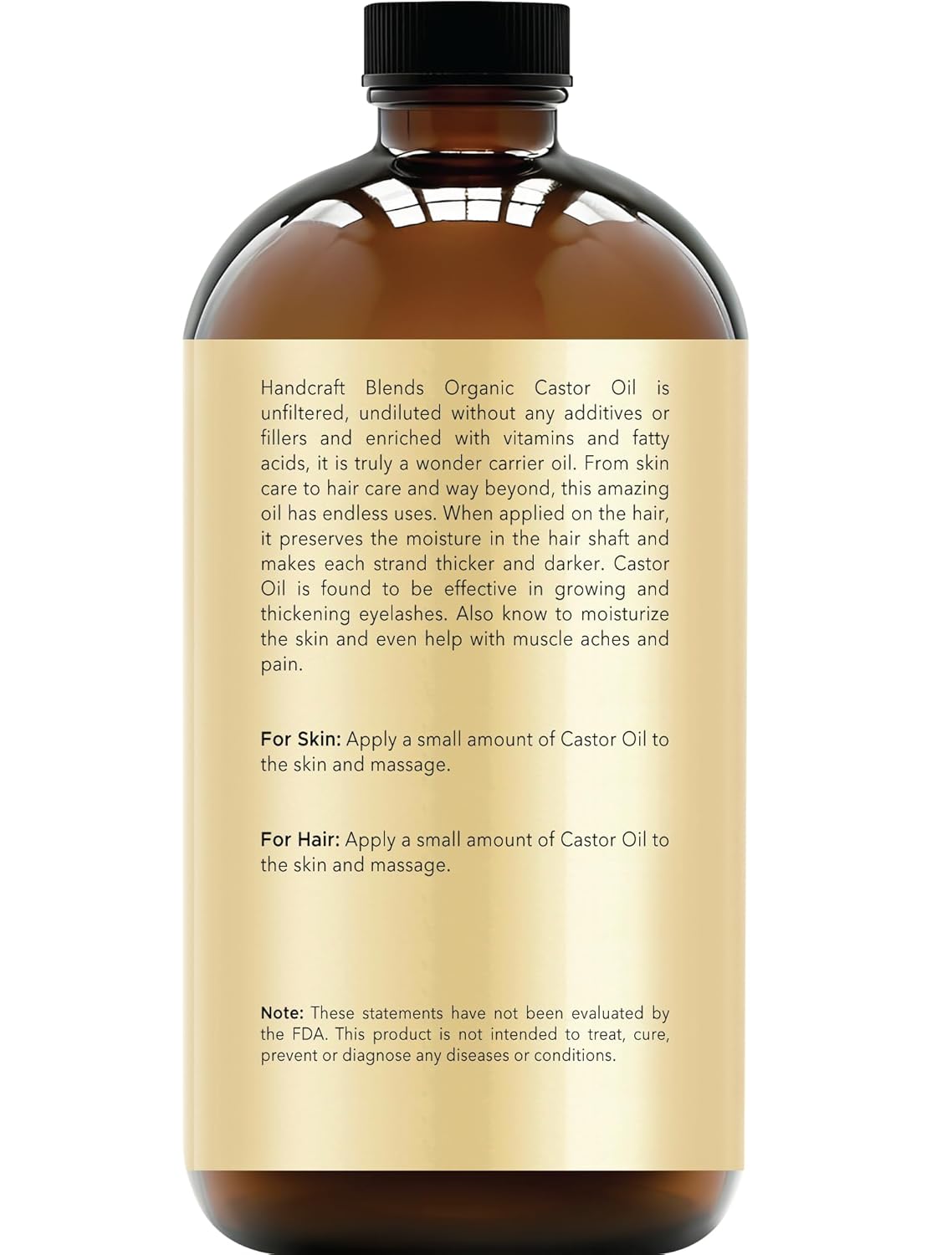 Handcraft Blends Cold-Pressed Organic Castor Oil in Glass Bottle - 16 Fl Oz - 100% Pure and Natural - Premium Grade Carrier Oil for Hair Growth, Eyelashes and Eyebrows - Hair and Body