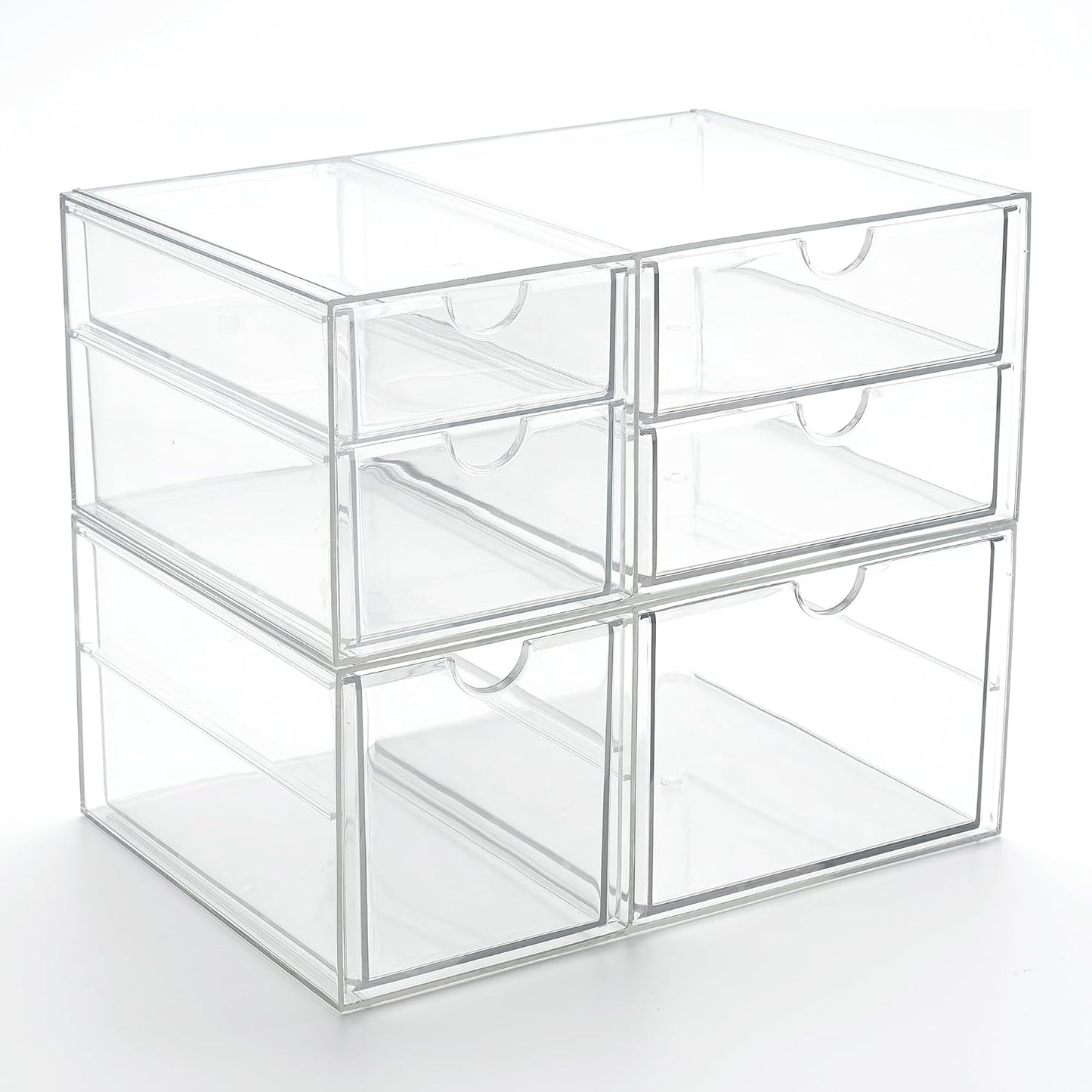 Prsildan Acrylic Drawer Makeup Organizer with 6 Drawers, Set of 2 Office Desk Organizers Accessories, Clear Stackable Storage Drawers for Vanity, Craft, Not for Baby Bottle (Largest Drawer 4" Tall)