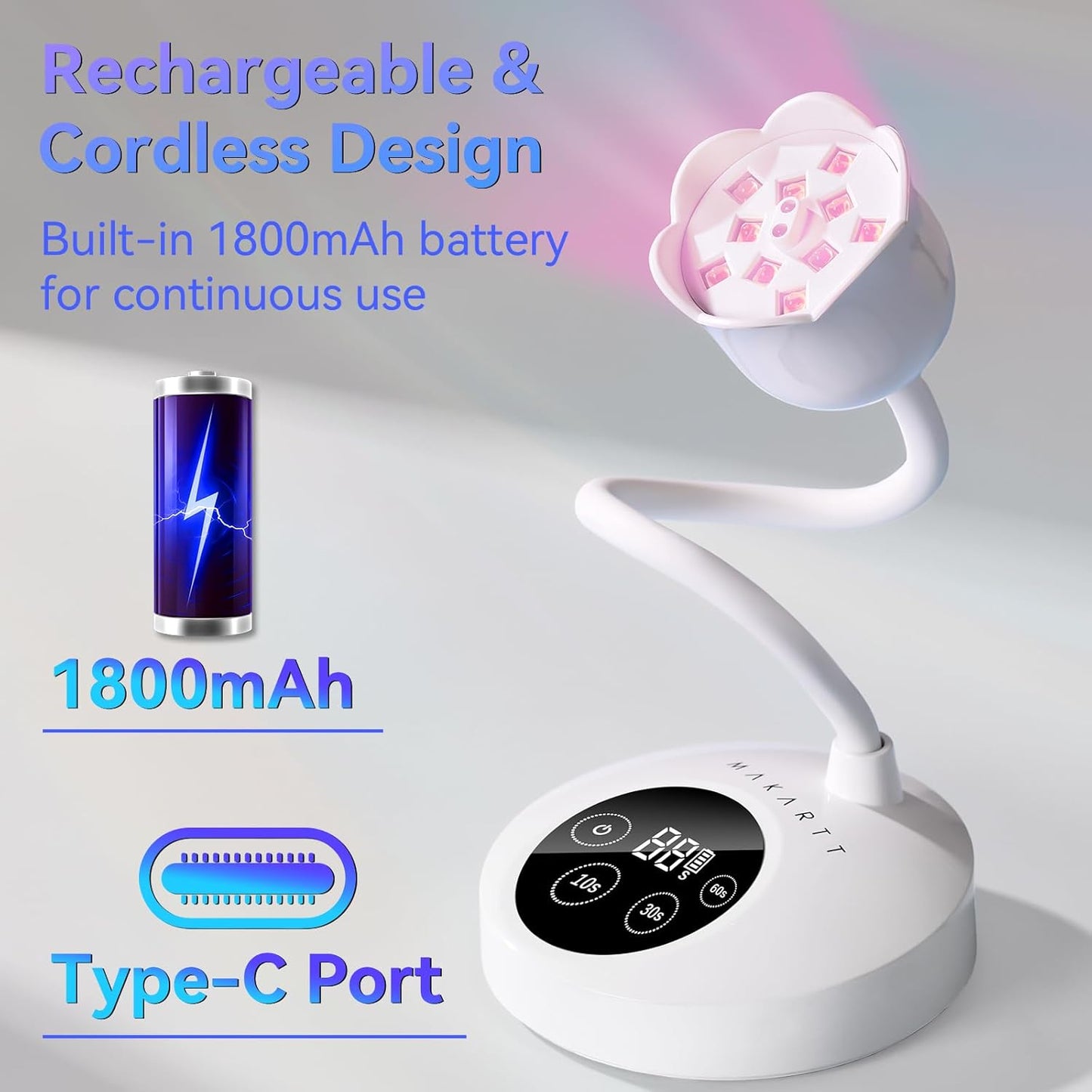 Makartt Mini UV Light for Gel Nails Polish Luminoza 30W Rechargeable LED Nail Dryer Lamp with 4 Timers & Auto Sensor, Fast Curing Goosenecks Lamp for Home DIY Manicure, Black & White
