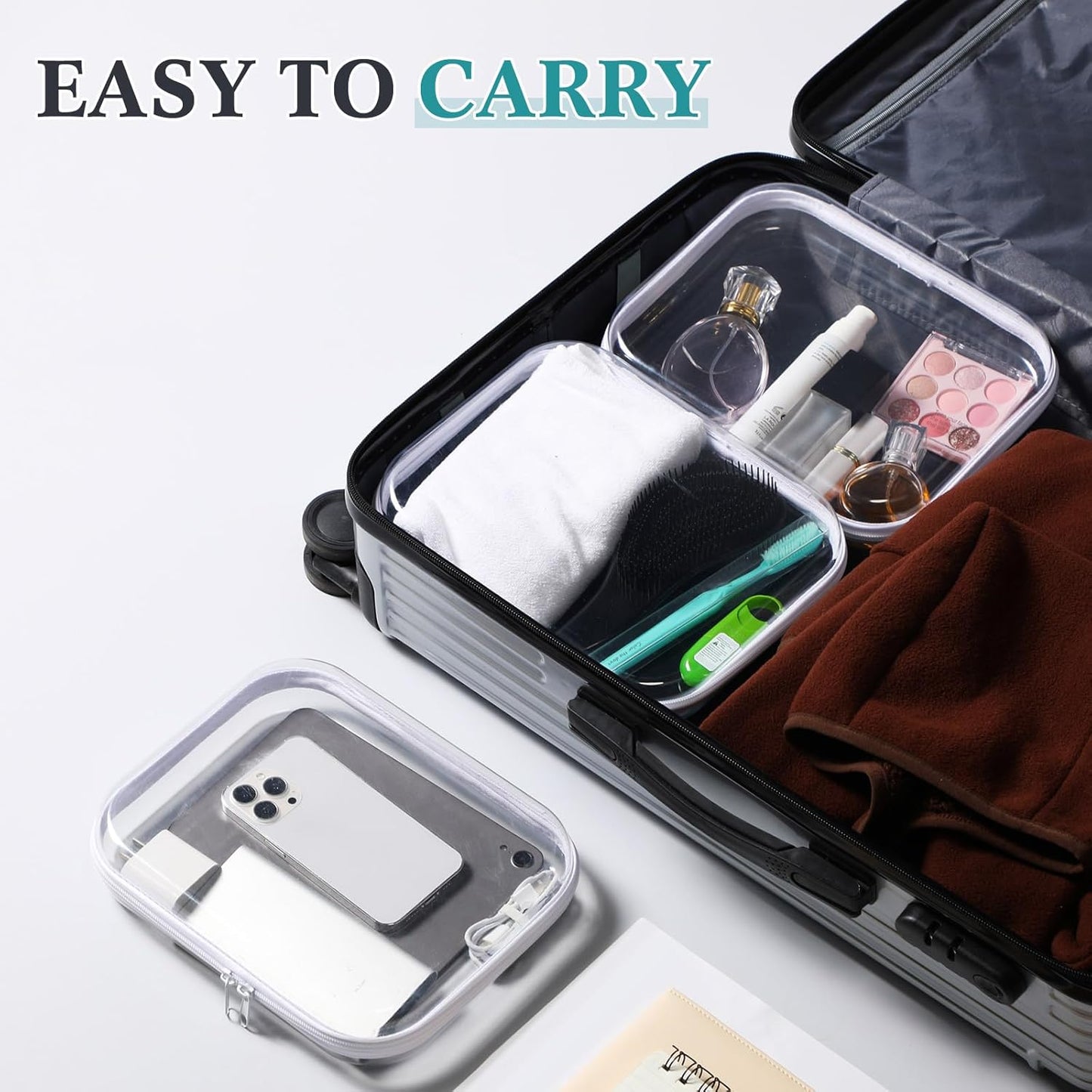 Sanwuta 6 Pcs Clear Hard Zipper Case Pencil Pouches Hard Plastic Zipper Pouches Makeup Bag Transparent Cases for Snacks Plastic Storage Organizer Box for Travel(White,9.84 x 7.87 x 2 Inch)