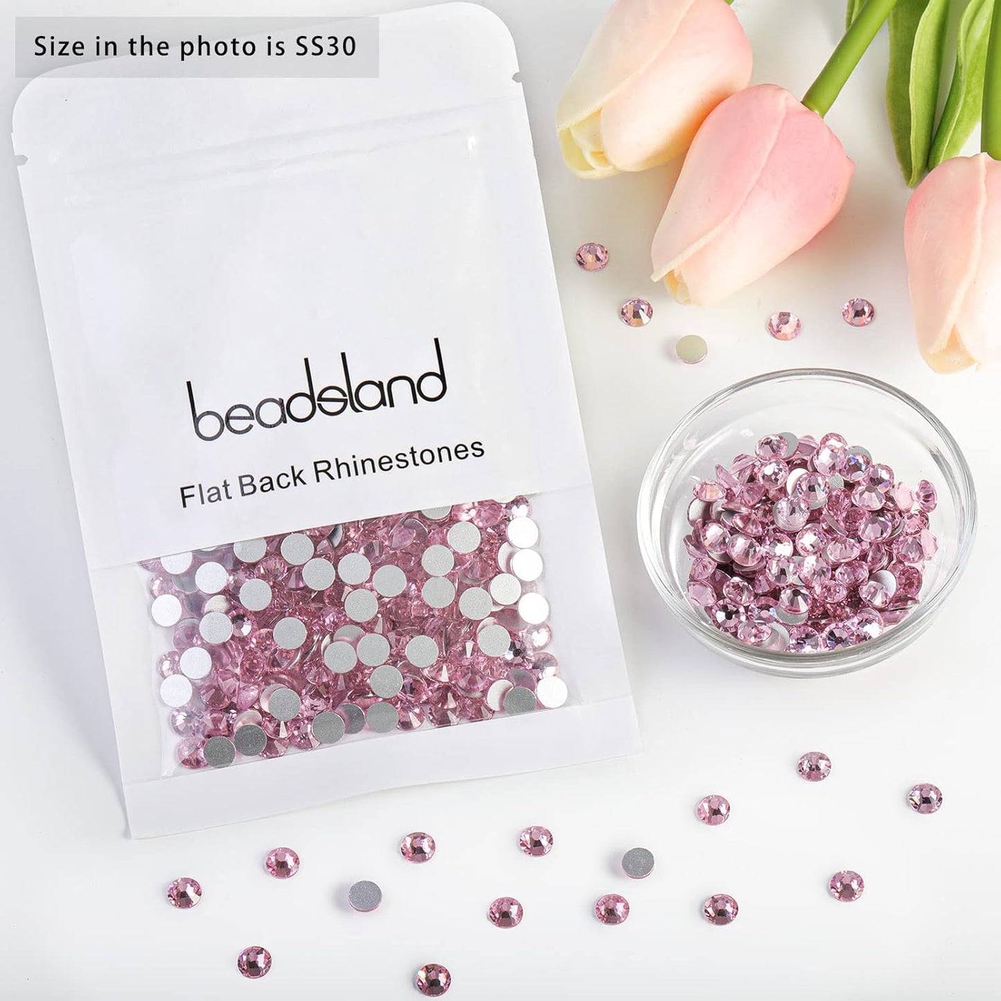 beadsland 288 Piece Flat Back Crystal Rhinestones Round Gems, Light Pink (SS30(6.3-6.5mm))
