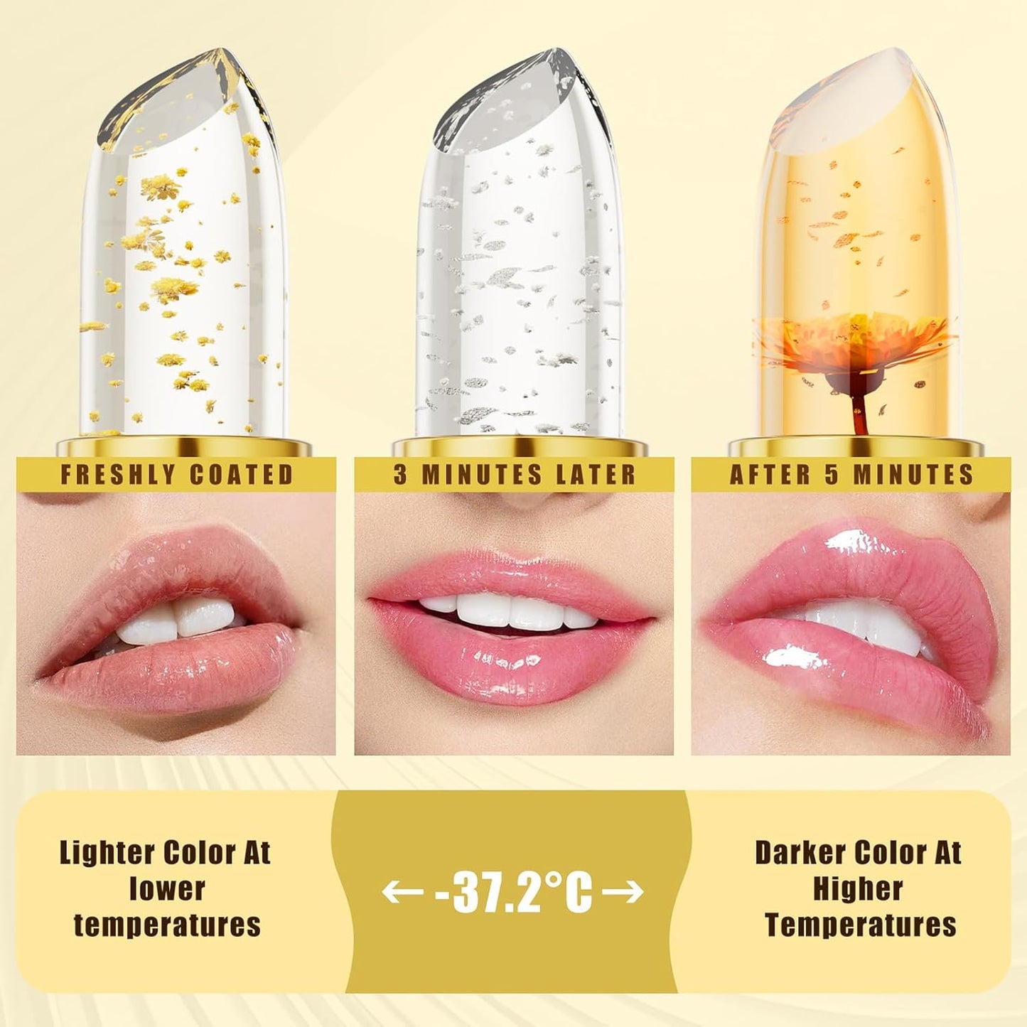 MUNIP Transferproof Color Changing Lipstick,Gold Crystal Ph Color Changing Conservation Clear Lipstick Set,Flower Jelly Lipsticks Set,Long Lasting Moisturizing Nutritious Lip Gloss for Women (1set)