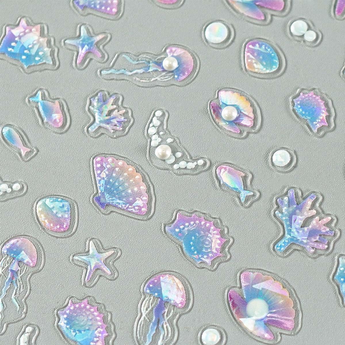 2Sheet Summer Nail Art Stickers 5D Embossed Nail Decals with Pearl Shiny Shell Starfish Jellyfish Design Self-Adhesive Nail Supplies DIY Acrylic Manicure Accessories for Women Girls‌