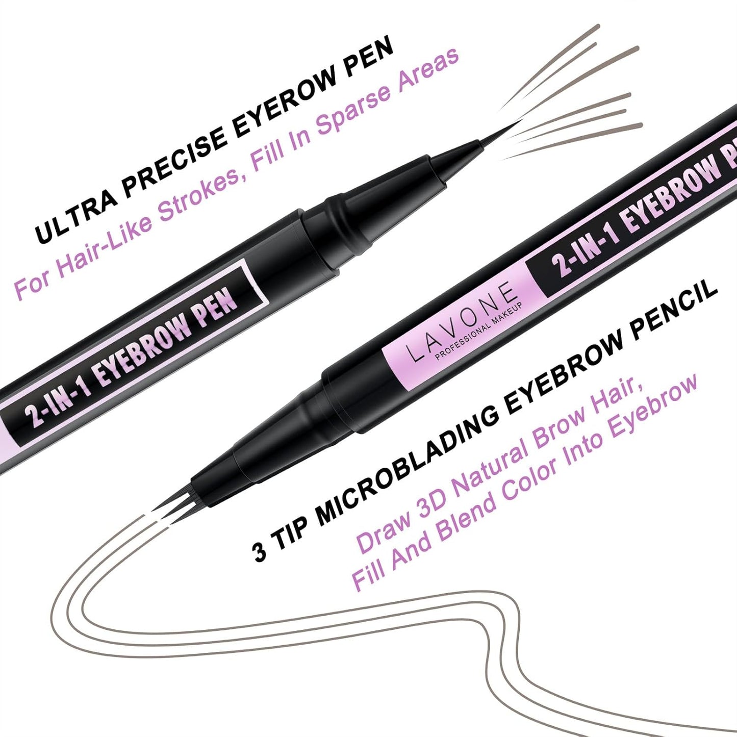 LAVONE Eyebrow Pencil, 2-In-1 Waterproof Eyebrow Pen, with 3 Tip Microblading Eyebrow Pen and Ultra-Precise Brow Pencil, Dual-ended Eyebrow Brush, for Eyebrow Makeup - Grey