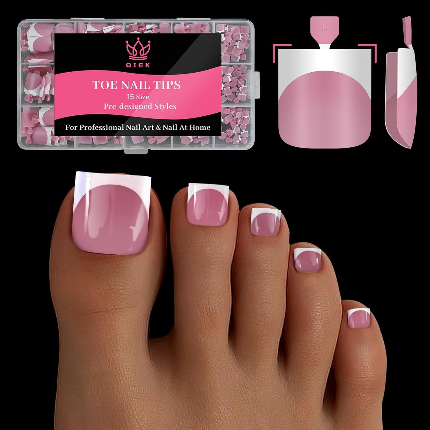 Toe Nail Press Ons French Tip, Sharp Square Berry Pink Pre-Designed Fake Toenail Press On for Women DIY, Soft False Acrylic Nail Extension 15 Sizes, 270 Pcs - Builder Nail Gel & Top Coat Needed