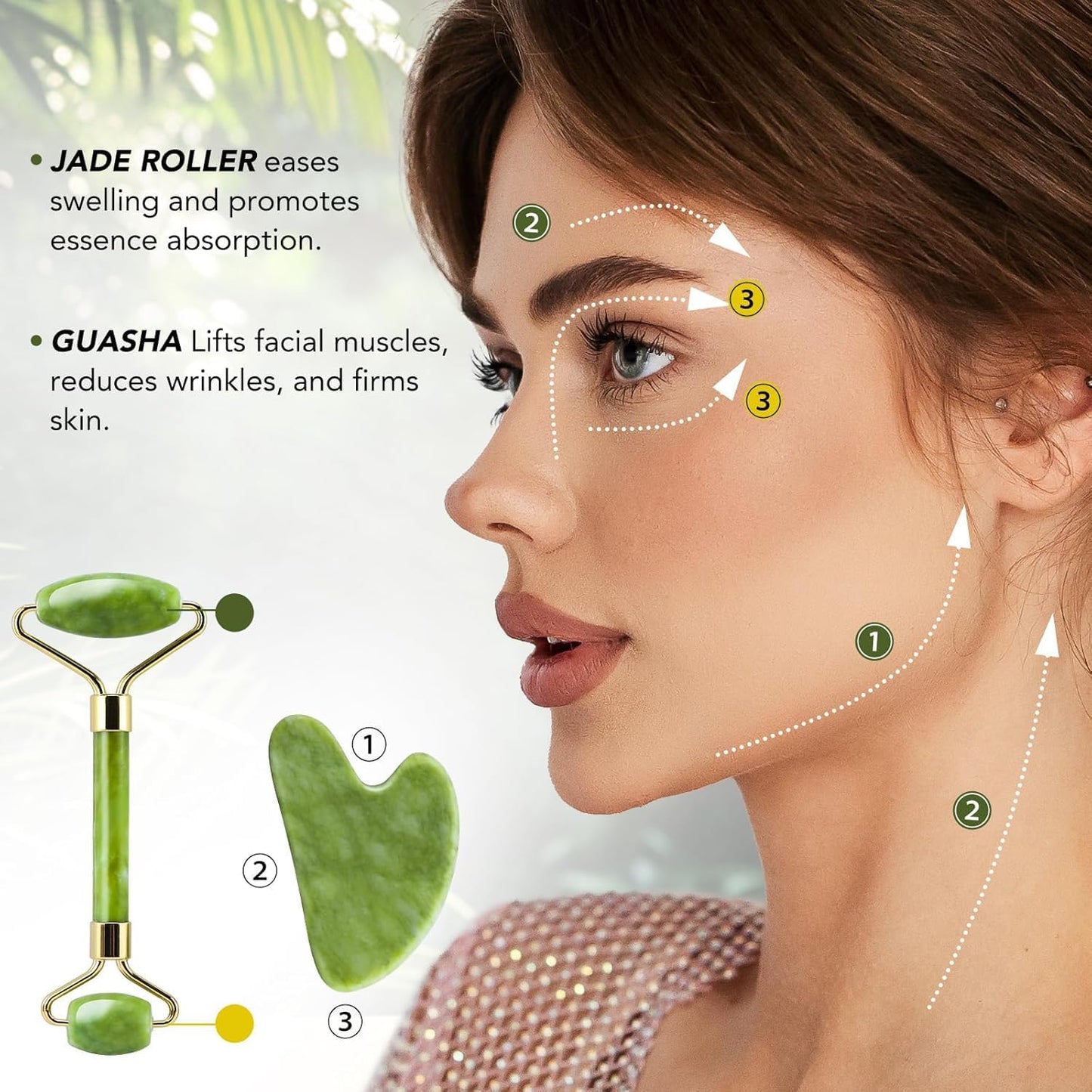 2 Pack – Jade Roller & Gua Sha Facial Tools Set for Face & Body – Face Sculpting, Puffiness & Wrinkle Reducer – Self-Care Beauty Gift for Women & Men