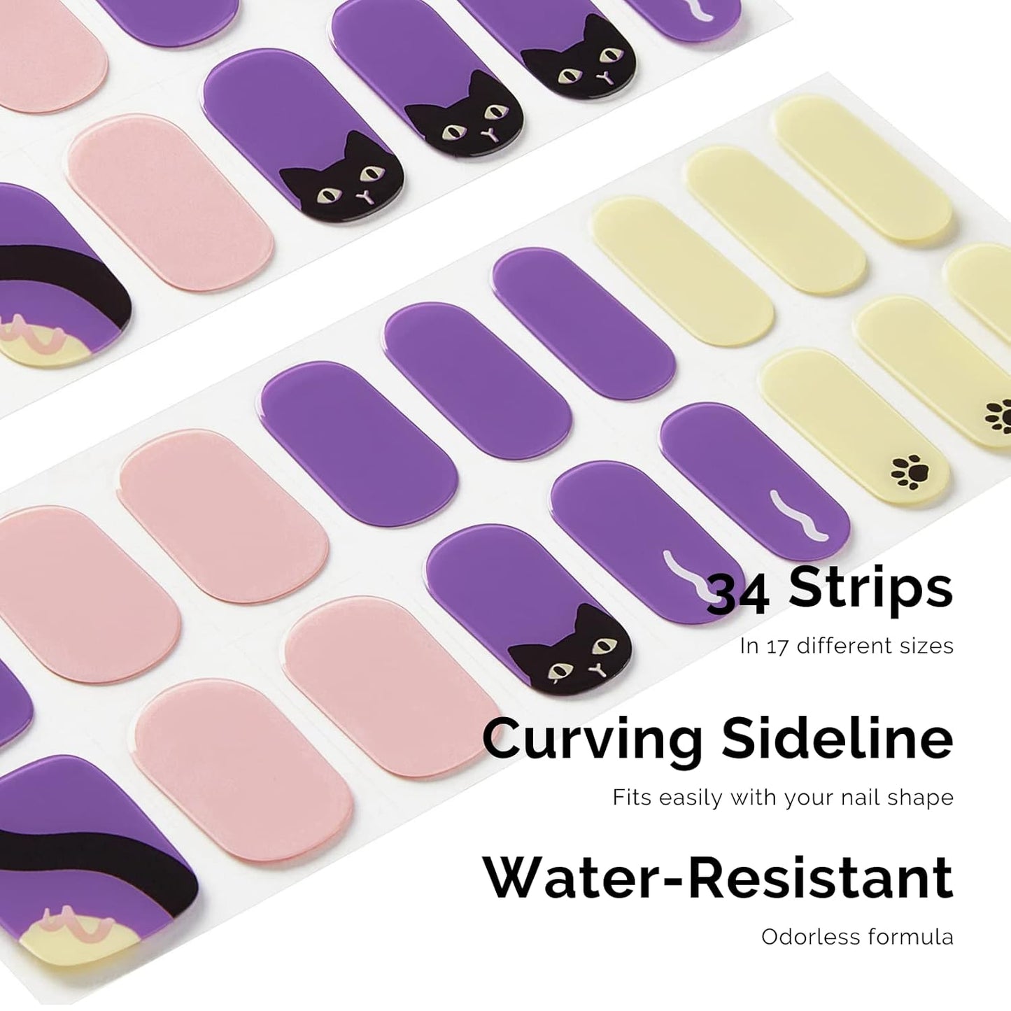 Nailog Semi Cured Gel Nail Strips 34 pcs | Long Lasting Nail Polish Sticker Wraps with Glossy Gel Finish (Black Cat)