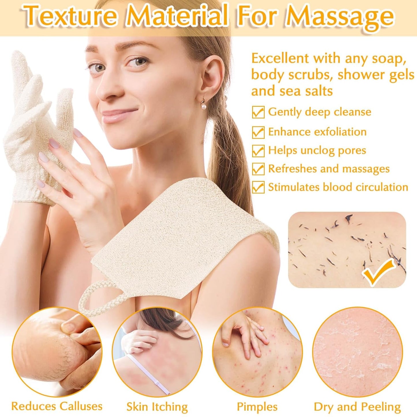 Anezus Exfoliating Back Scrubber Bath Gloves Set, Exfoliating Shower Towel with Shower Gloves for Body Scrub, Back Cleaner Wash Gloves to Remove Dead Skin (Beige)