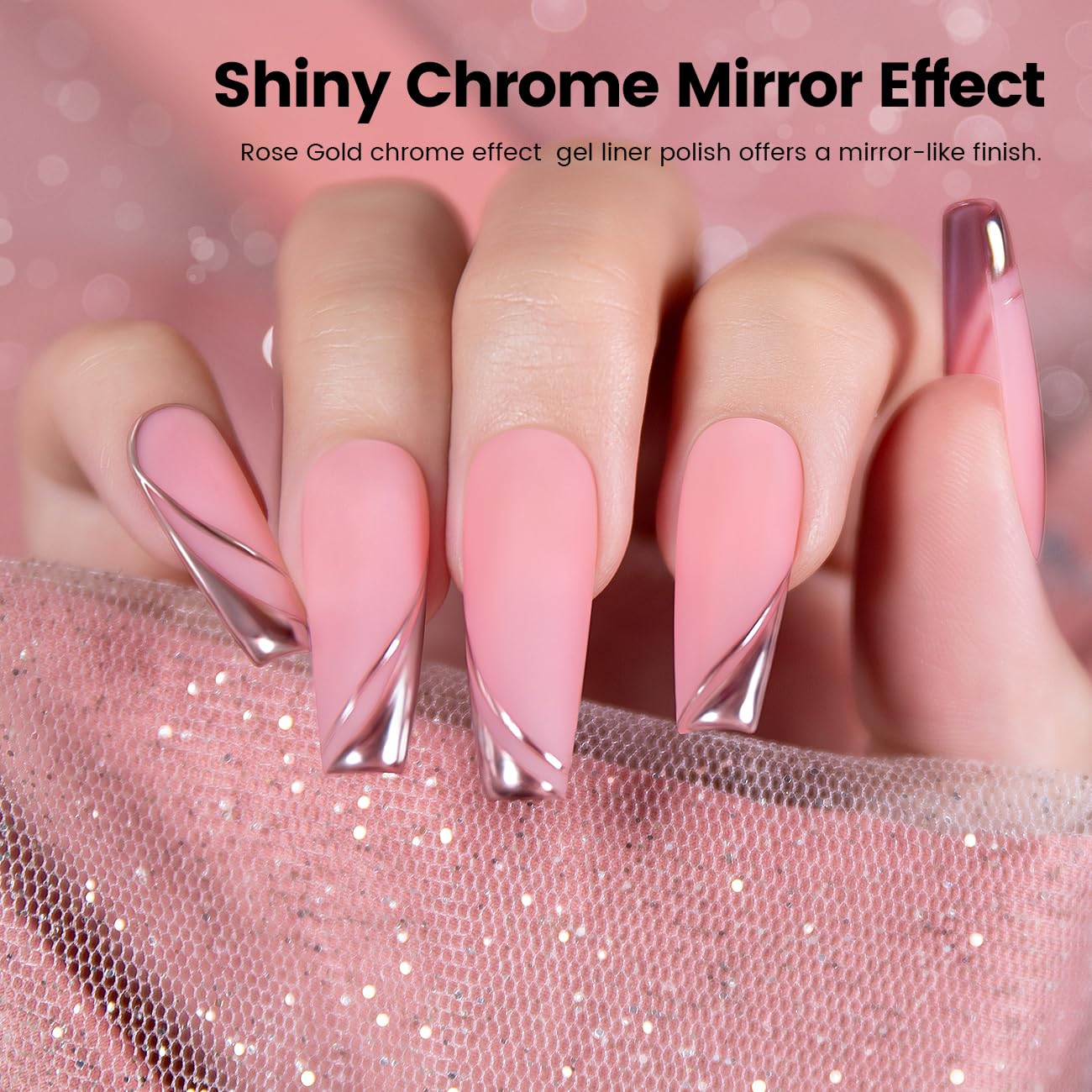 RARJSM Metallic Gel Liner Nail Art Rose Gold 3D Mirror Chrome Effect Gel Nail Polish 8ml Painting Build in Thin Brush Metal Painted Drawing Striper Gelpolish Soak off Curing Requires for Home Salon