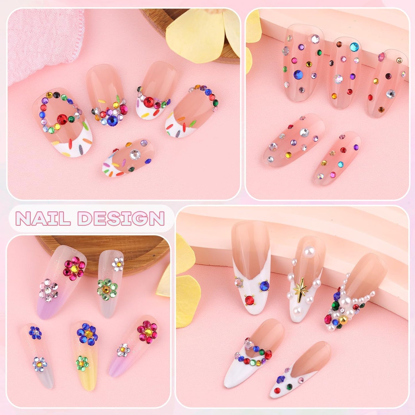 4200Pcs Glass Crystal Small Rhinestones for Nail Art with Nails Rhinestone Glue, Colourful SS3-SS8 Flatback Bedazzling Gems, Nail Rhinestones and Gems Crystals Charms for Acrylic Tips Manicure Decor