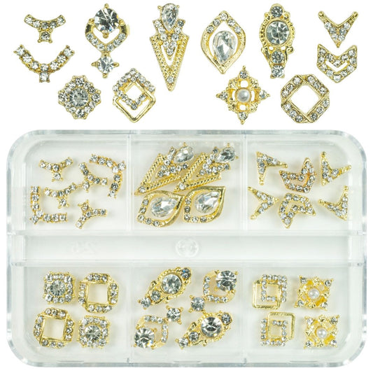 28pcs Luxury Nail Charms Alloy Charms for Nails 14 Pair 3D Gold Nail Art Rhinestones Nail Gems Golden Nail Crystal Diamonds Jewelry Stones Studs Nail Art Supplies for Nails Decor Crafts DIY