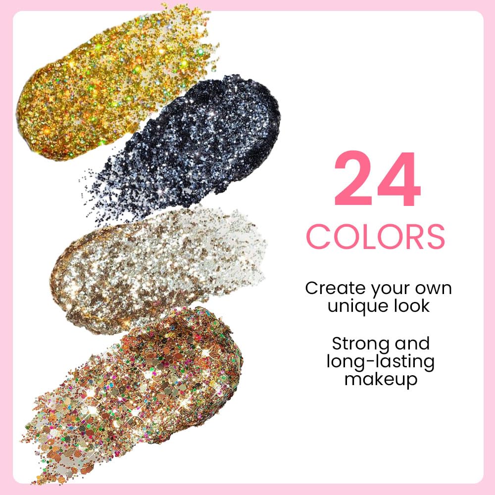 evpct 24 Colors Glitter Sparkle Eyeshadows Palette Makeup for Women, Black White Pink Green Blue Rainbow Neon Metallic Shimmer Shiny Eyeshadow Palette, Body Pressed Eye Shadow Glitter Palette Makeup