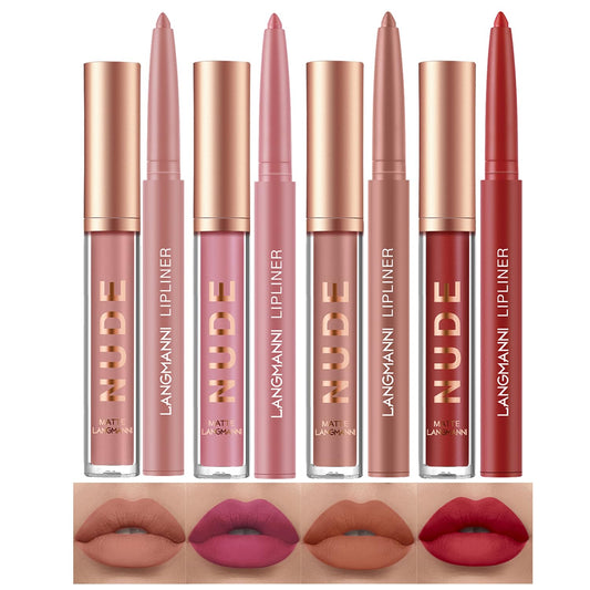 LANGMANNI 4pcs Matte Lipstick with Lipliners Durable Makeup Set,Long-Lasting Non-Stick Cup Not Fade Waterproof Pigmented Velvet Lipgloss Kit Beauty Cosmetics Makeup Gift for Girls(#9+10+11+12)