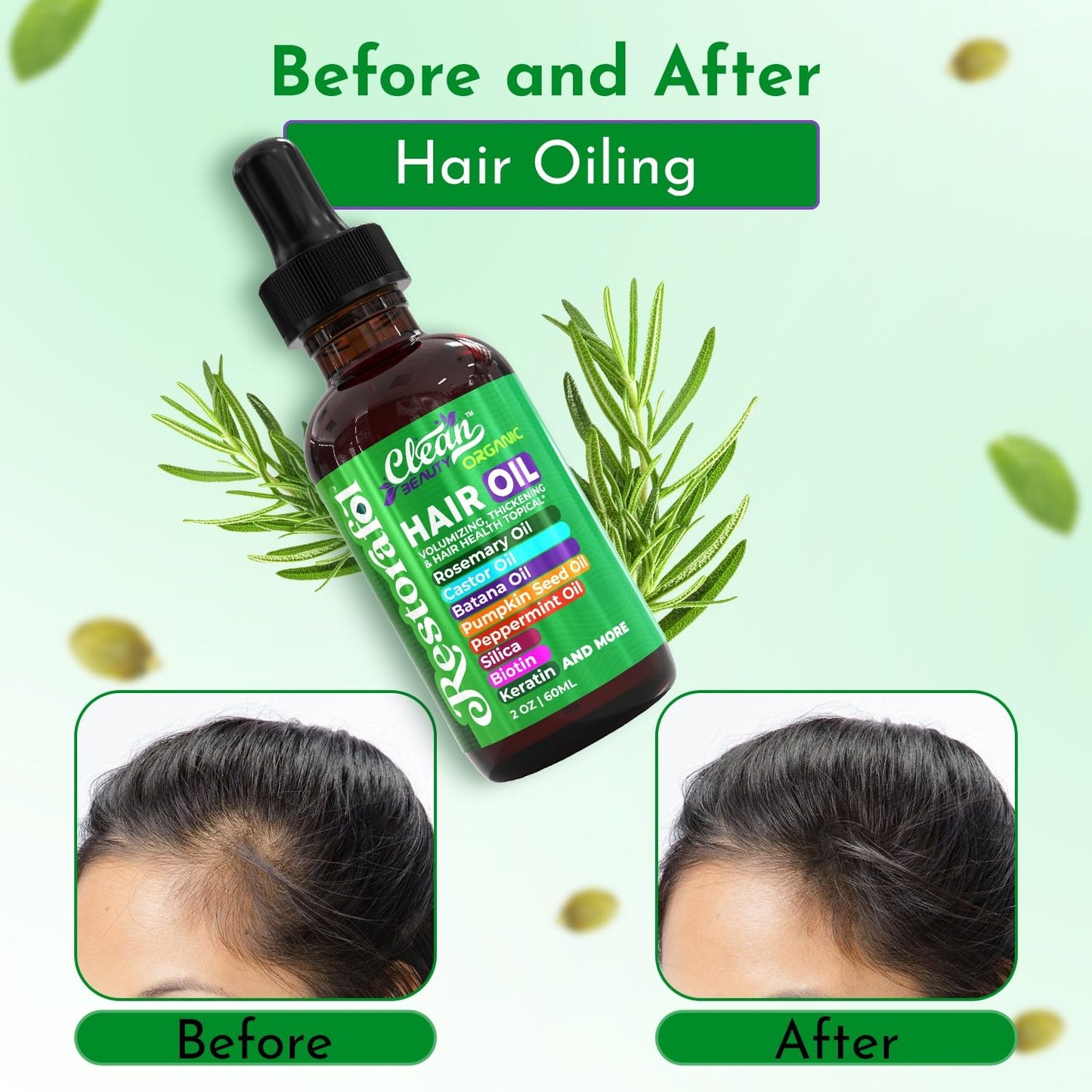 Clean Beauty Rosemary Hair Oil For Growth with Castor Oil Batana Oil Pumpkin Seed Oil Peppermint Oil Silica Biotin Collagen Keratin Saw Palmetto Horsetail Tea Tree Vit E Aloe Vera Jojoba (1 Pack)