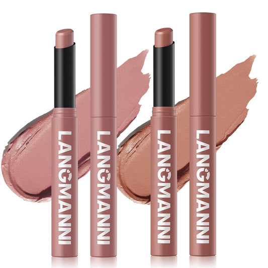 Jolilab 2Pcs Velvet Matte Lipstick Nude Matte Soft Dark Color Stick High Pigmented Long-Lasting Waterproof Lip Stick Lip Balm Beauty Cosmetics Gift for Girls and Women（01#+02#