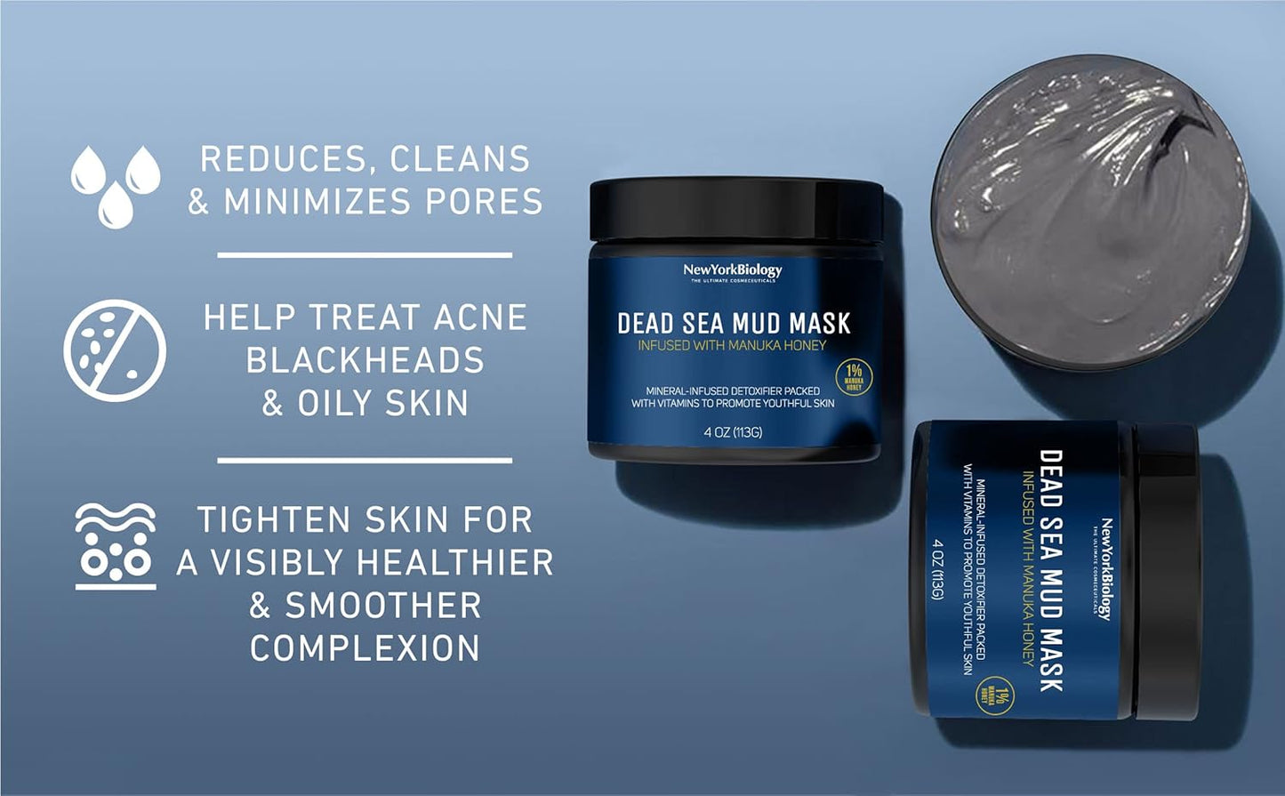 New York Biology Dead Sea Mud Mask for Face and Body | with Manuka Honey | Spa Quality Pore Refiner for Oily Skin | Natural Skincare for Women & Men | Tighten Skin for A Healthier Complexion | 4 oz