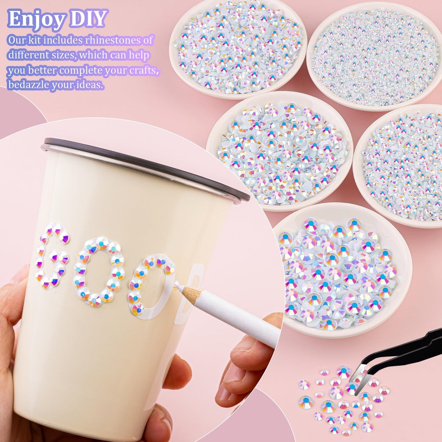 25000Pcs Resin Jelly Rhinestones with Tweezers for Crafting, White AB Flatback Gems, Bedazzling Crystal with 3Pcs 10ml B7000 Jewelry Glue for DIY Crafts Clothing Tumblers Shoes Fabric Nail Art