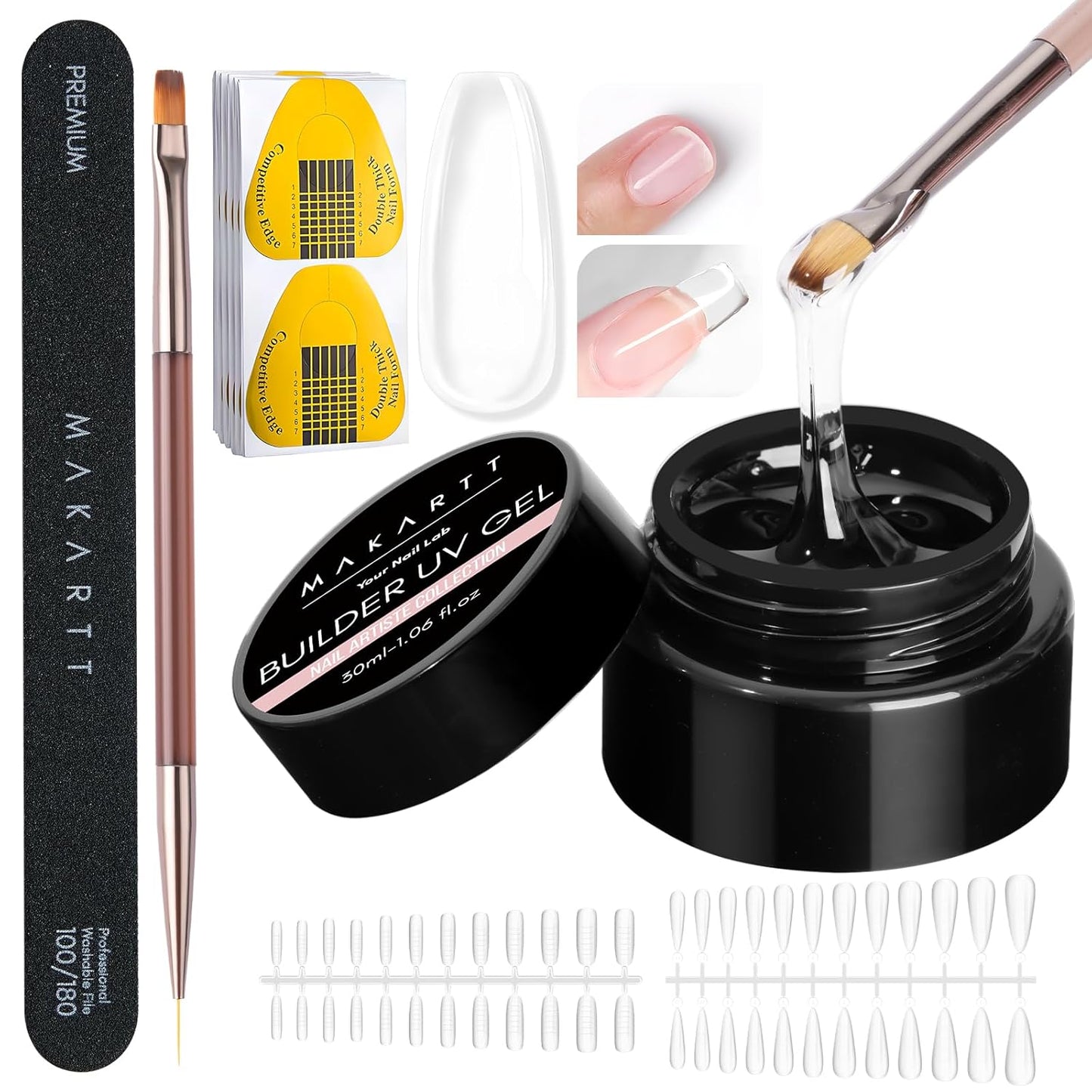 Makartt Clear Gel Builder Kit: Self-Levelling, Long Lasting Extension Hard Gels for Strengthener, Broken Nails Repair Gel Kit with Paper Forms, Dual forms, Nail File and Dual-End Brush 1.06 oz