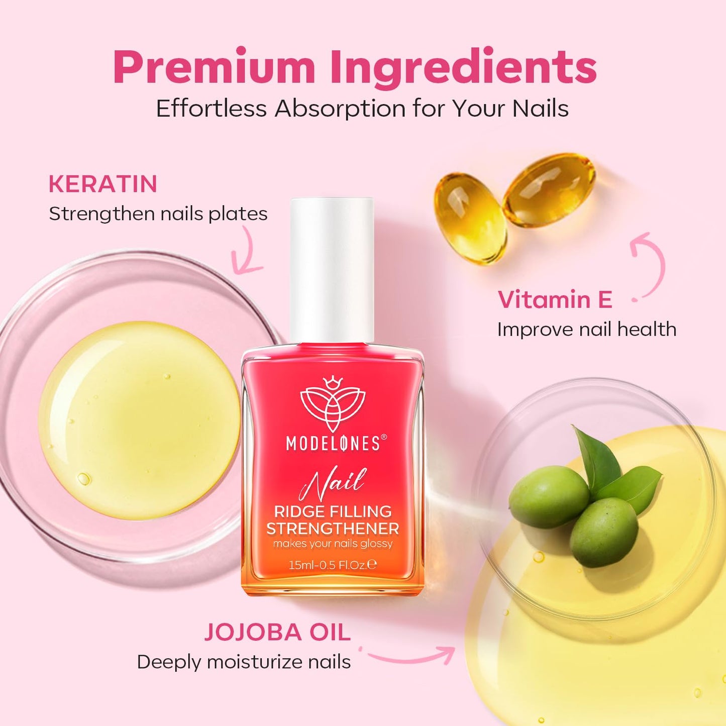 modelones Nail Strengthener Jelly Pink Nail Polish Repair 8-in-One Nail Ridge Filler Nail Strengthener and Growth for Damaged Nails 15ml