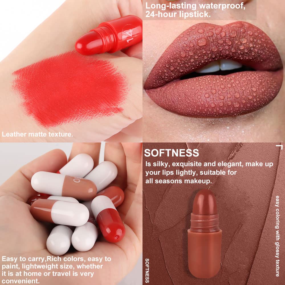 evpct 18Pcs Capsule Pills Lipstick Mini Matte Lipstick Set for Women Long Lasting labiales mate 24 horas originales Deep Red 24 Hour Waterproof Stay on Lip liner Set Sampler