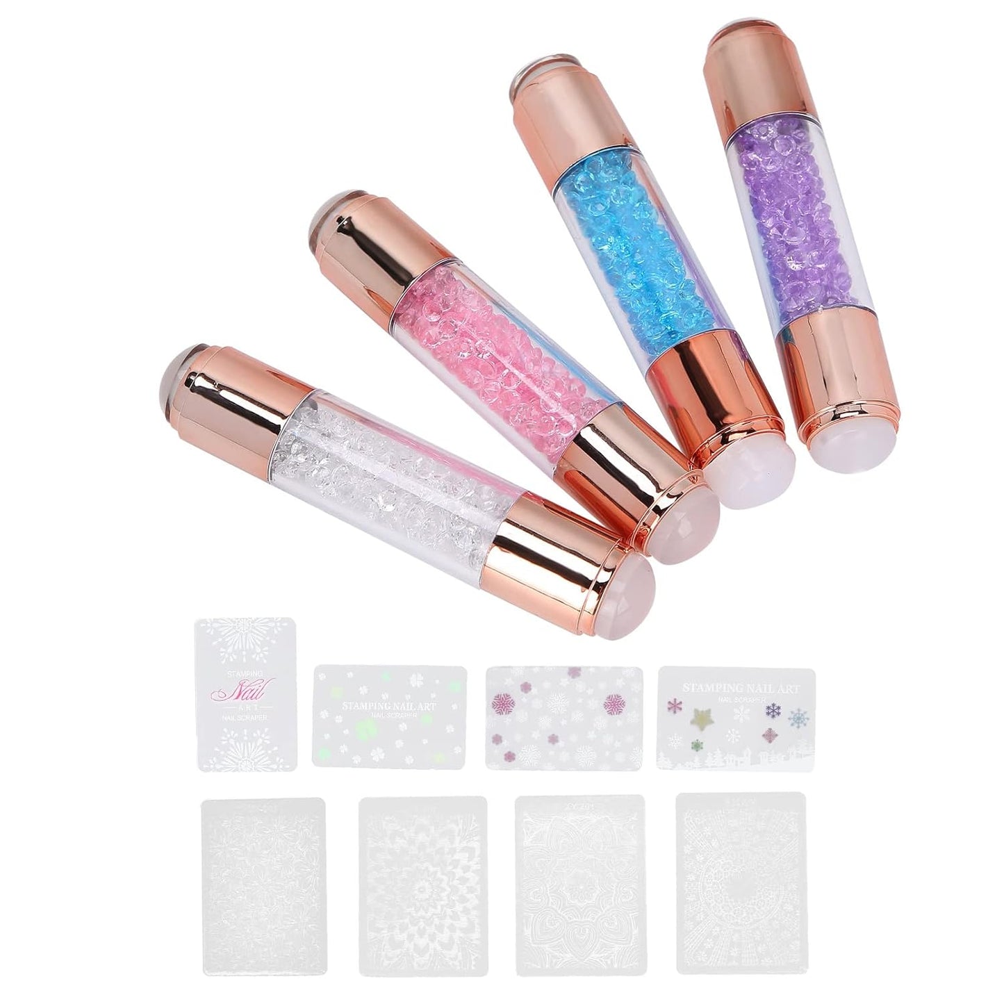 Dioche 4Sets Manicure Art Stamper, Double Ended Silicone Stamp Pens With Nail Seal Plate for Home Salon