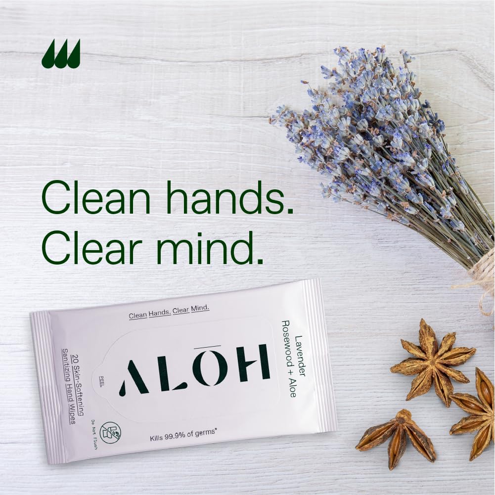 ALŌH Lavender Rosewood + Aloe Sanitizing Hand Wipes - Clean Hands, Clear Minds - On The Go Sanitizing Hand Wipes for Kids and Adults - Travel Size 3 Pack, 20ct Wipes (60 wipes)