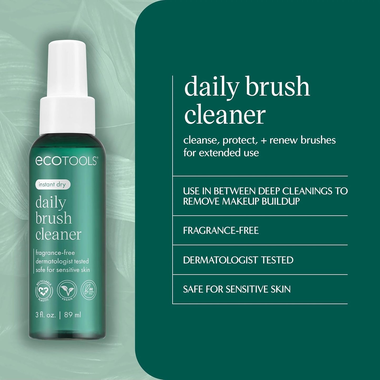 EcoTools Daily Makeup Brush Cleanser Spray, Quick Drying, Fragrance Free & Dermatologist Tested, Travel Size, TSA Approved, Cruelty-Free & Vegan 3 fl oz./89 ml. Bottle XL Refill