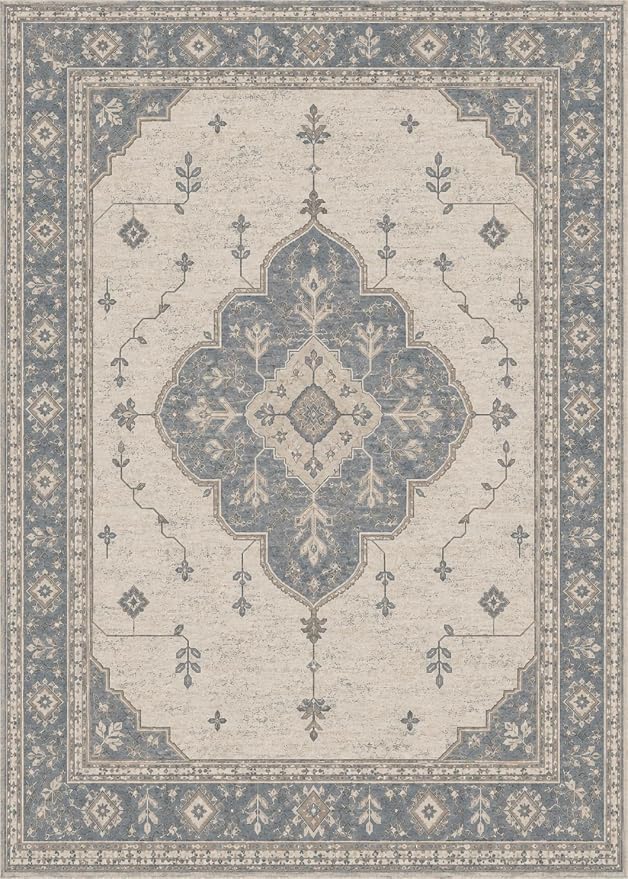 6'x9 Faux Wool Washable Area Rug, Dusty Blue/Ivory by Unknown