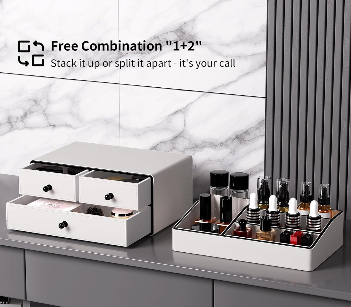 GORESE Leather Makeup Organizer with Drawers for Vanity, Stackable Skincare Holder Dresser Organizer Countertop, Make Up Storage Organizers Counter Cosmetic Display Case Gifts for Women(Cream White)