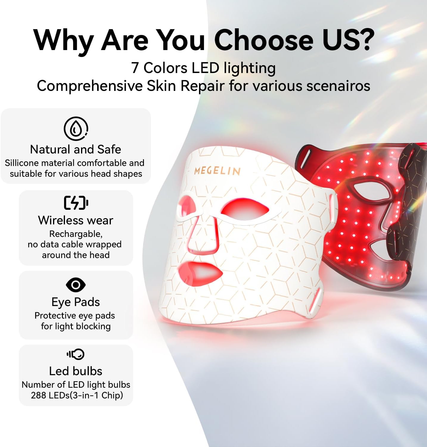 7 Colors Led Light Therapy Facial Mask, Face Light Therapy Mask for Face, Reduce Wrinkles Smooth Skin, Infrared Light Skin Rejuvenation