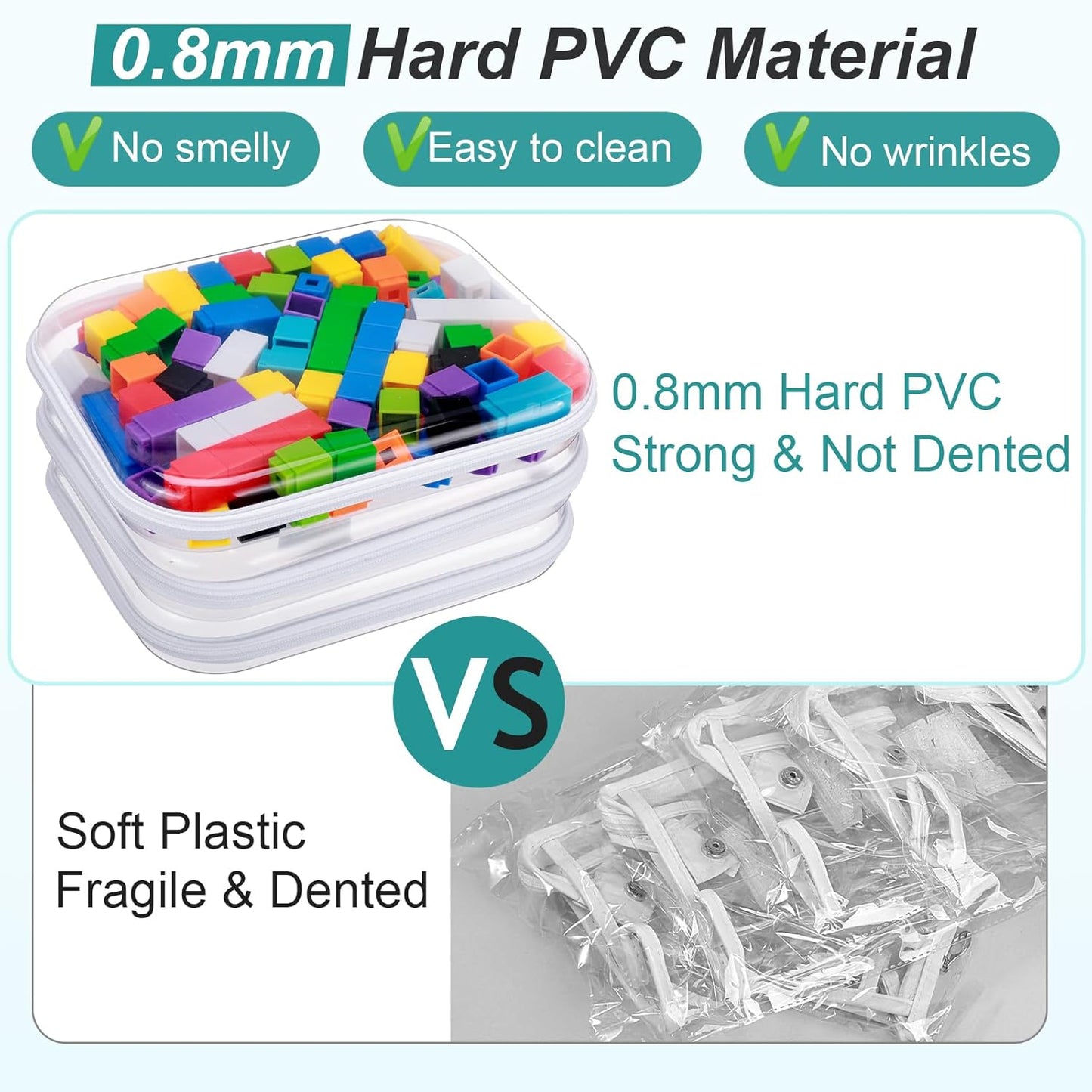 Hoolerry 3 Pcs Clear Hard Zipper Case Plastic Pouch Transparent Hard Case Clear Makeup Bag Portable Travel Organizer Bin for Cosmetics, Building Blocks, Puzzles(White,M)