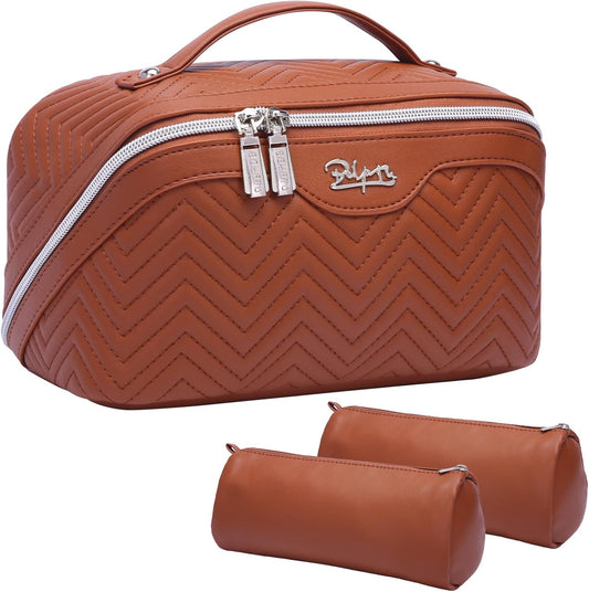 Travel Makeup Bags Cosmetic Organizer Bag: Quilted Make up Bag Set of 3 - PU Leather Toiletry Bags for Women - Portable Makeup Organizer with Compartments & Handle & Divider(14 Brown)